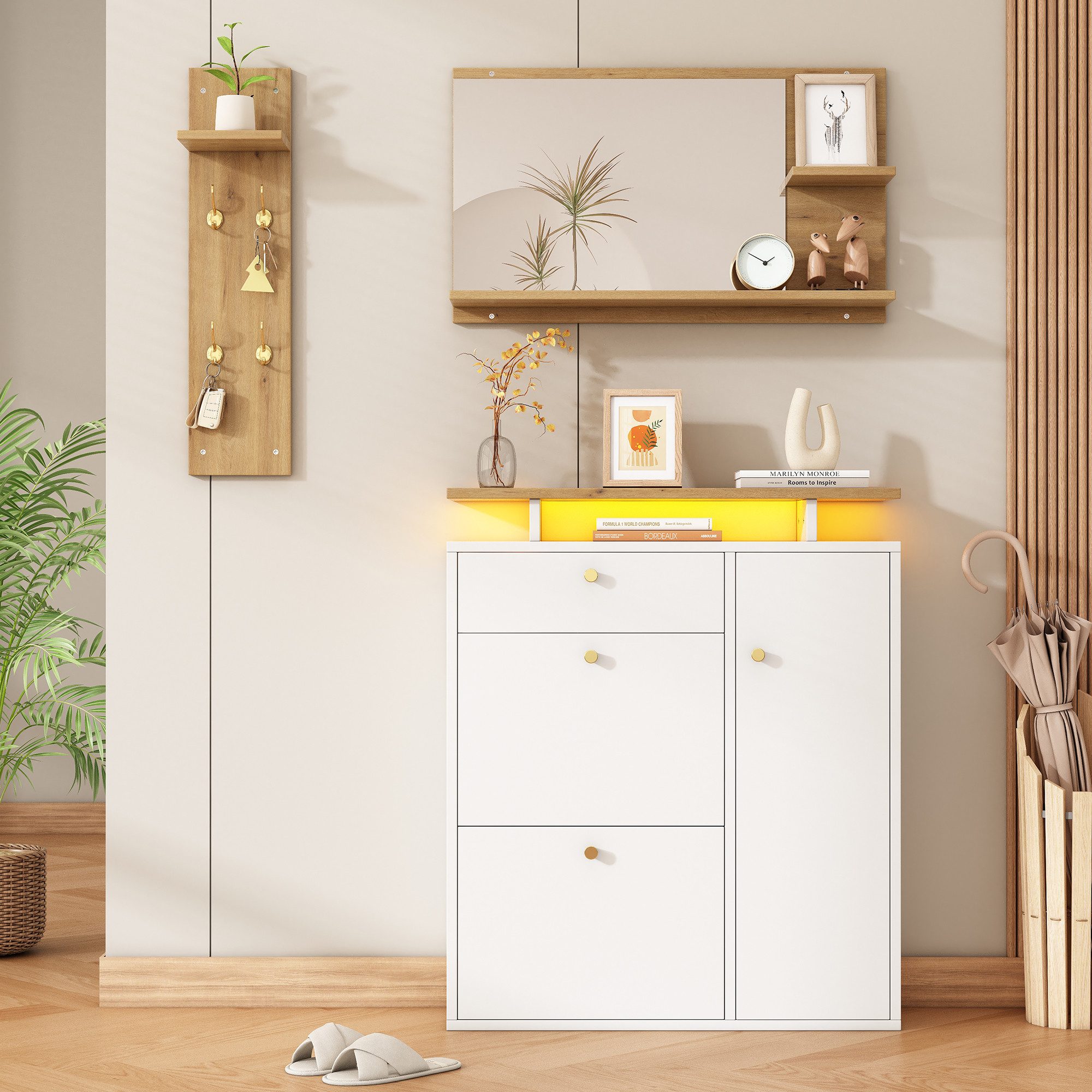 Flieks Garderoben-Set Schuhschrank mit LED, Wandregal mit Kleiderhaken, Spiegel mit Ablagen, (3-St), Flurmöbel-Set Weiß&Holzoptik, Schuhkommode mit Klappen und Schubladen