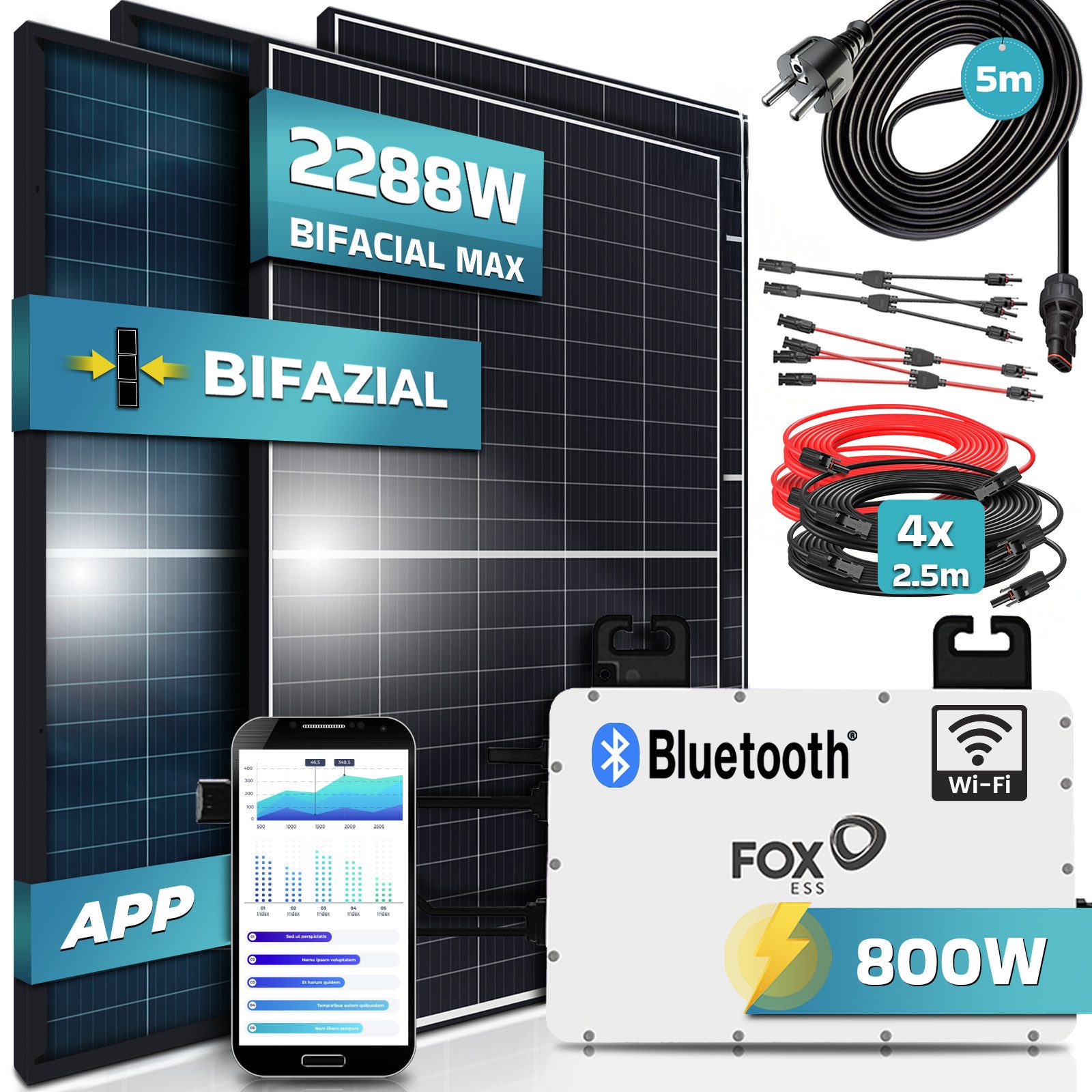 Thumbnail - SUNNIVA Balkonkraftwerk 2288W/800W komplett Steckdose, (FOX ESS 800W Micro Wechselrichter - Bifaziale PV Solaranlage Kom...