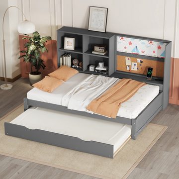MODFU Kinderbett Stauraumbett (mit ausziehbarem Bett, usb-Ladeanschluss, mit Zeichenbrett, Staufächer 90*200cm), ohne Matratze