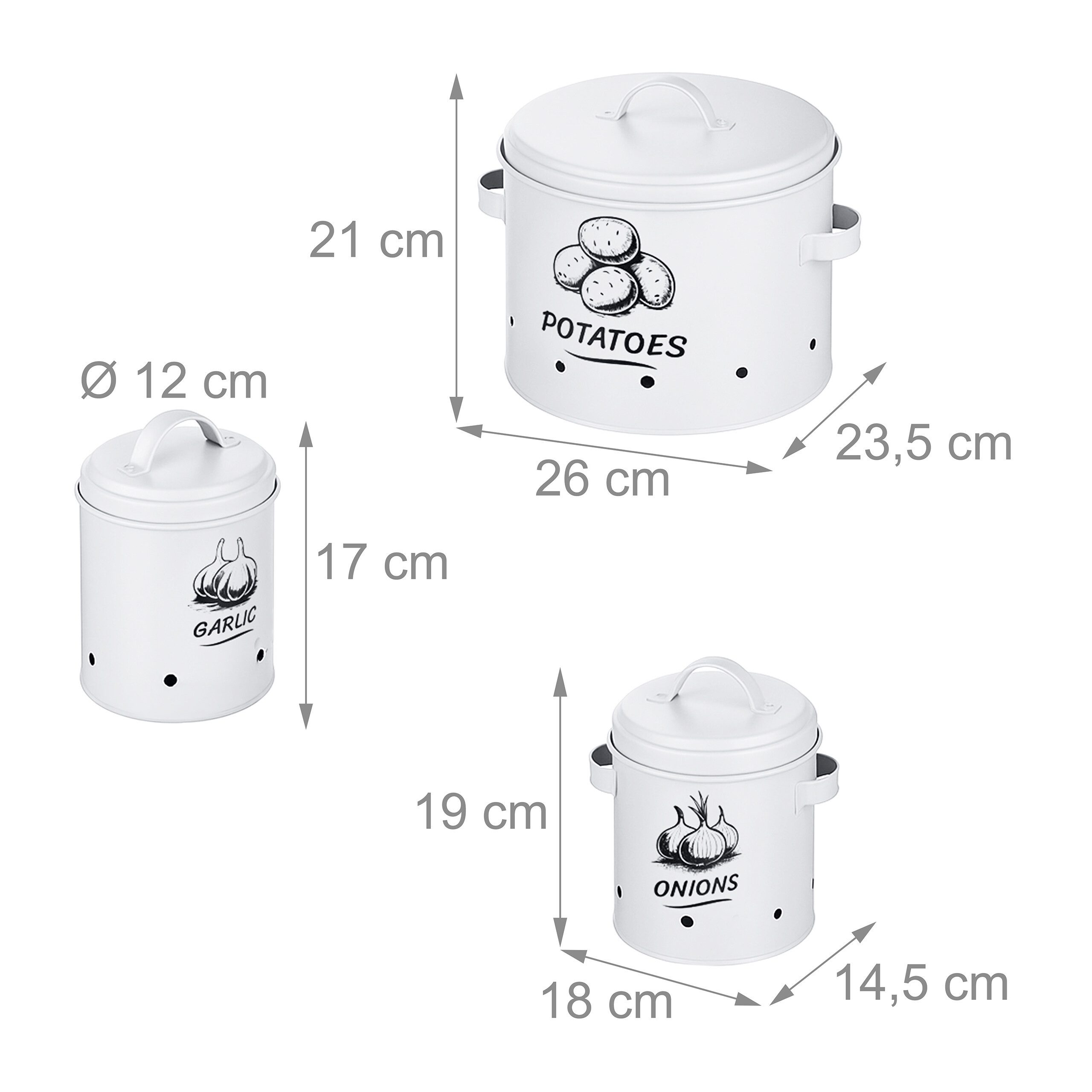 relaxdays Vorratsdose Kartoffel Aufbewahrungsbox 3er Set, Stahl, (3-tlg), weiß – Bild 4 von 5