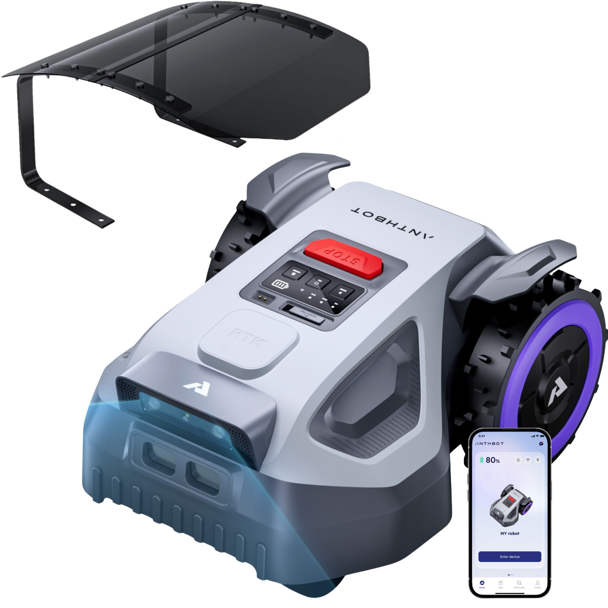 ANTHBOT Rasenmähroboter M5 Serie Ohne Begrenzungskabel mit RTK-Navigation & HDR-Dual-Vision, bis 500 m² Rasenfläche, (für Gärten bis 500 m², meistert Steigungen bis zu 45), smarte App-Steuerung, aktiver Tierschutz & KI-Hindernisvermeidung