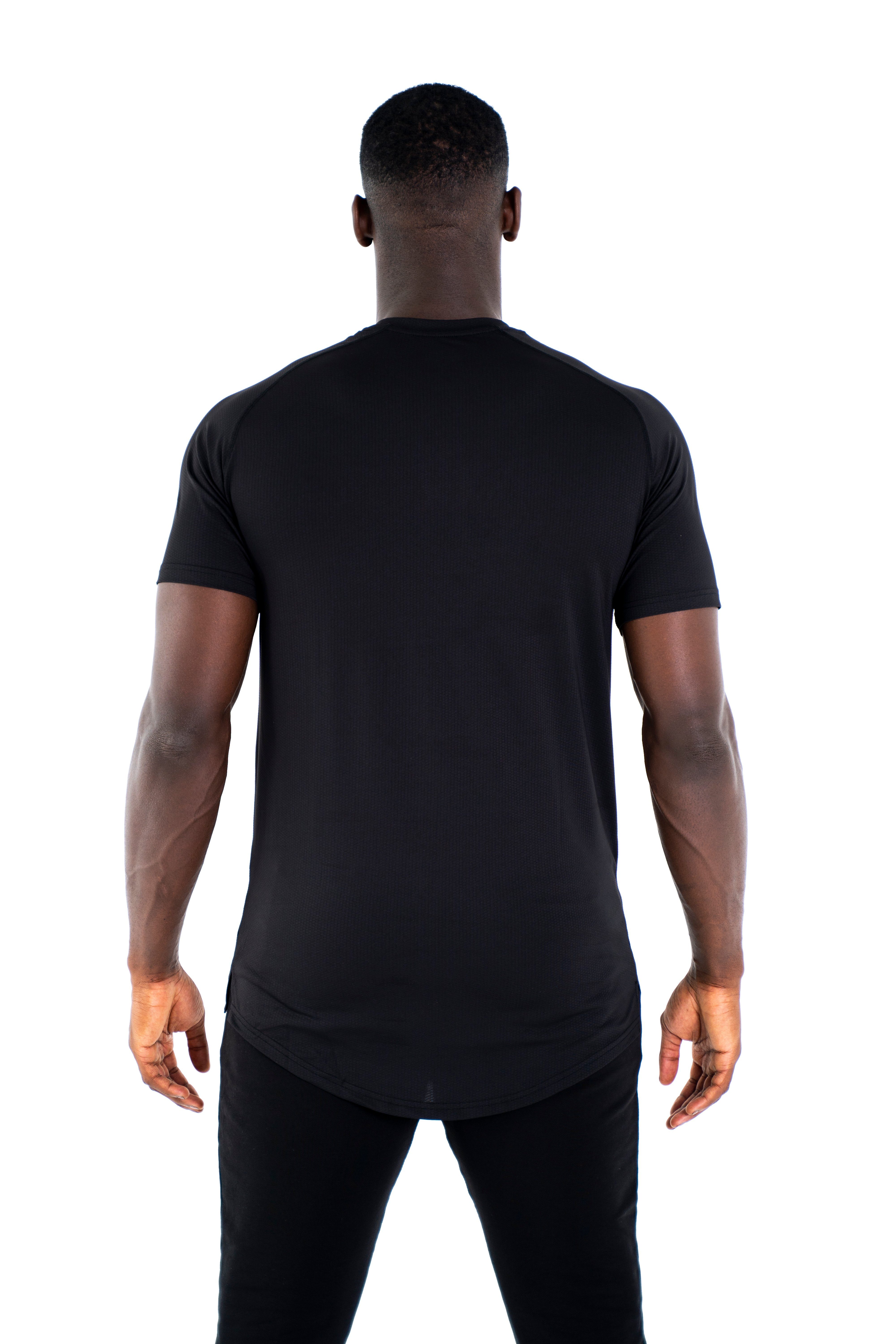 Saum schwarz Schulterschnitt, Sportlicher Sportwear und Figurbetont Universum Funktionsshirt T-Shirt Abgerundeter elastisch