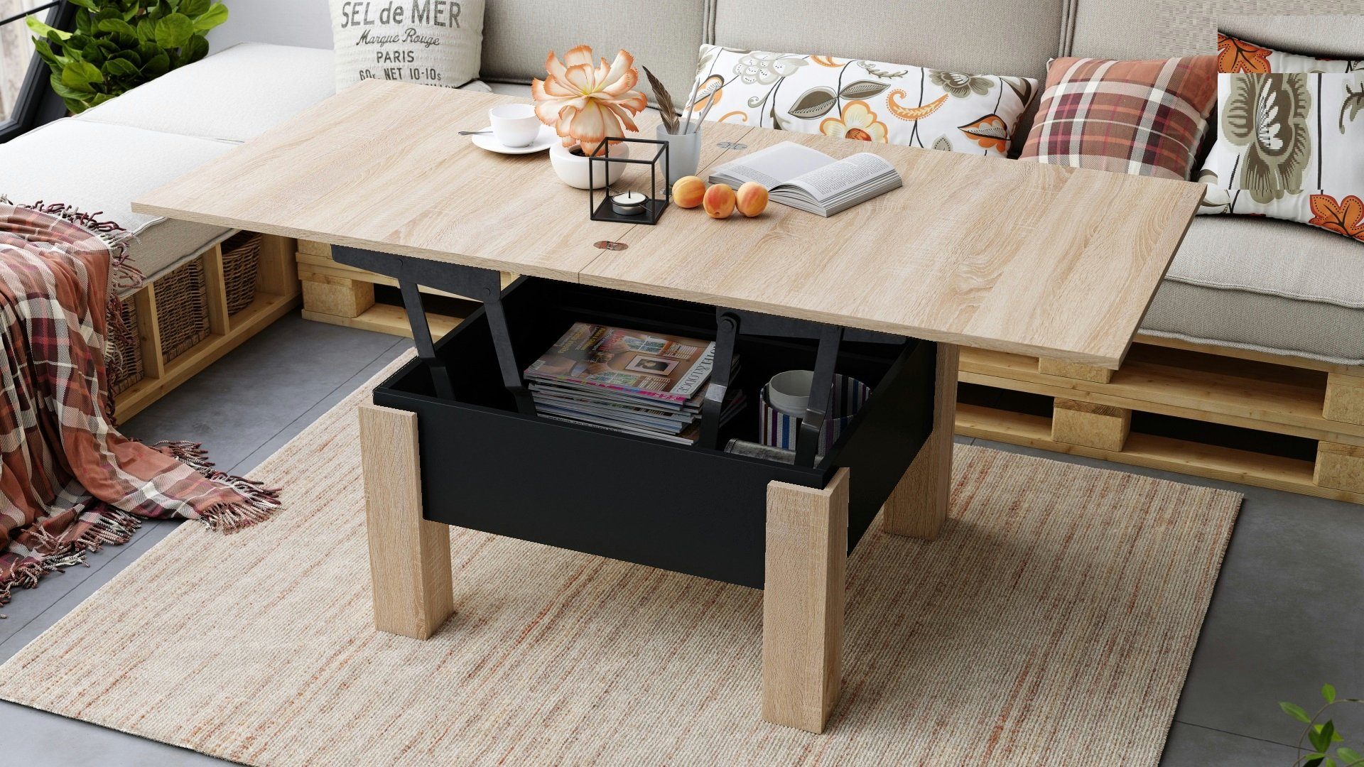 Tisch matt / Esstisch höhenverstellbar Design designimpex Couchtisch Schwarz Eiche Oslo aufklappbar Sonoma Couchtisch