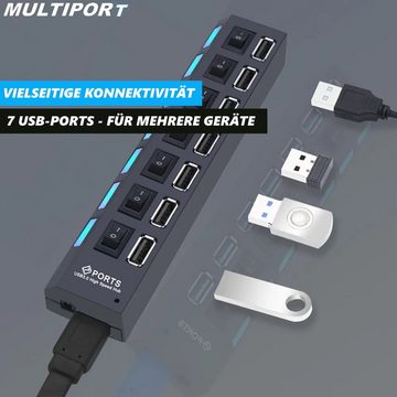 MAVURA USB-Verteiler MULTIPORT USB Hub 7-fach Port Splitter Adapter (Superspeed Datenhub), mit Aktiv Netzteil Verteiler für PC Laptop Notebook