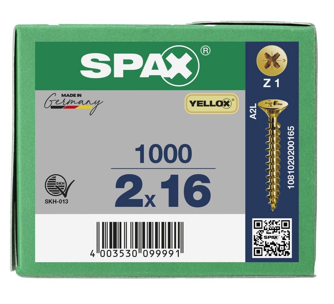SPAX Spanplattenschraube 1000 Universalschraube, St), (Stahl gelb verzinkt, mm 2x16