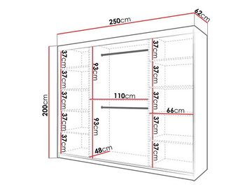 MIRJAN24 Kleiderschrank Dome 250 (mit drei Schiebetüren) Fronten mit Rauchglas, zwei Kleiderstangen