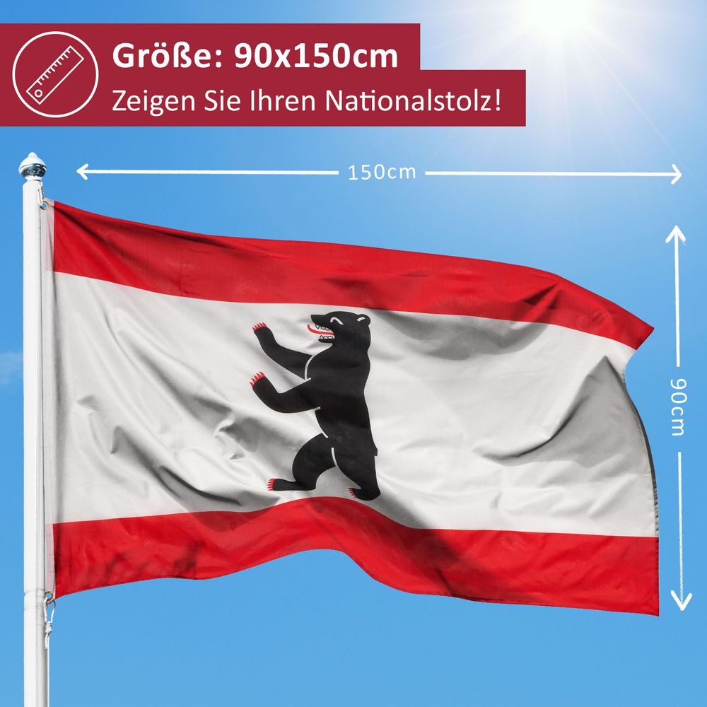 PHENO FLAGS Flagge Berlin Flagge 90 x 150 cm Wappen Bär Hauptstadt Fahne Landessiegel (Hissflagge für Fahnenmast), Inkl. 2 Messing Ösen