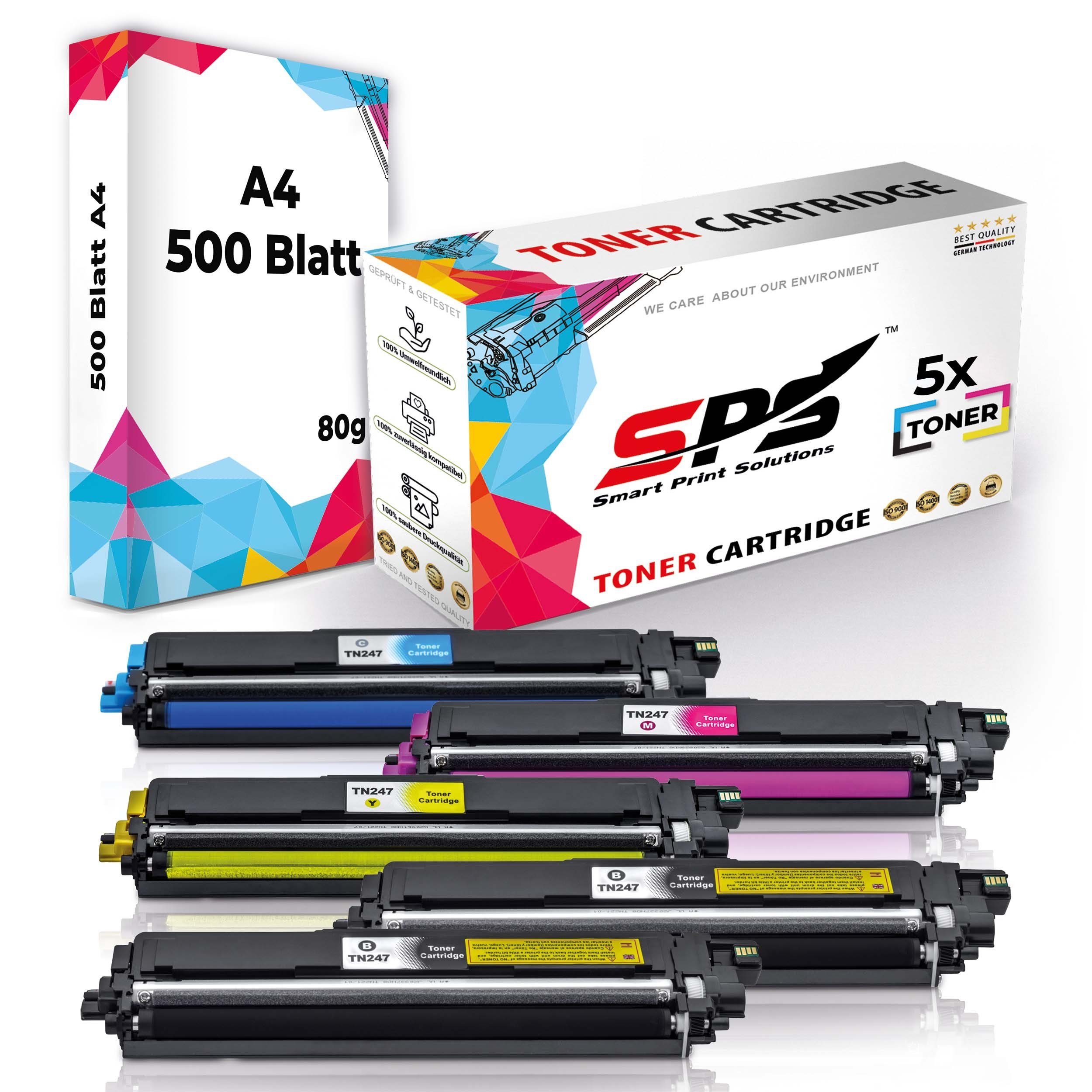 SPS Tonerkartusche Kompatibel für Brother MFC-L3770CDWA TN-247BK, (5er Pack + A4 Papier, 5x Toner (2x Schwarz, 1x Cyan, 1x Magenta, 1x Gelb), 1x DIN A4 Druckerpapier 500 Blatt)