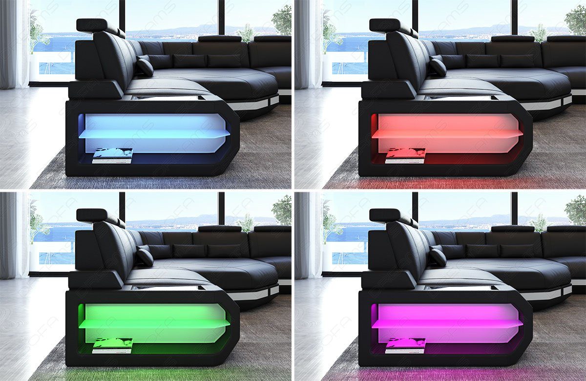 Dreams Mokka-Weiss Sofa Asti USB Wohnlandschaft Sofa Couch mit, Stoffsofa Mini Stoff U C92 Polster LED,