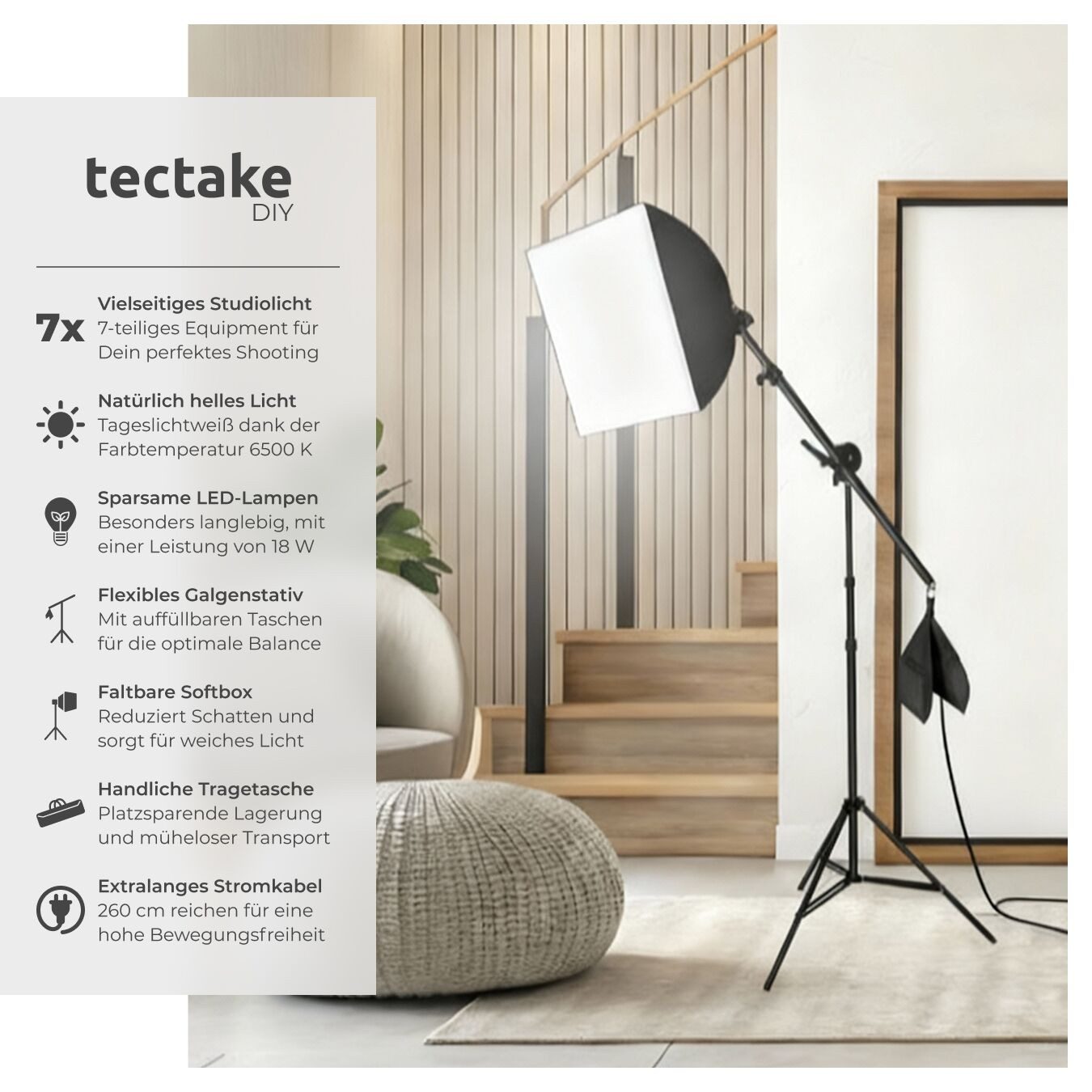tectake Aluminium Studioleuchte Studio-Stativ-Blitz, (mit Softbox und ausziehbarem Galgenstativ)