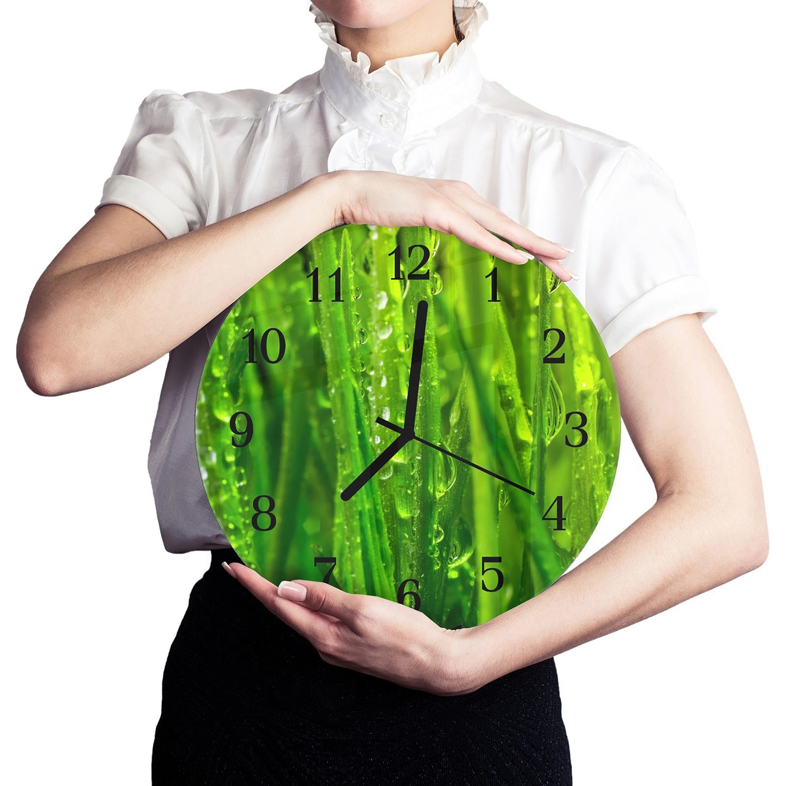 Primedeco Wanduhr Wanduhr und cm mit aus im Rund Durchmesser Glas 30 - Motiv Tau Gras mit Quarzuhrwerk Grünes