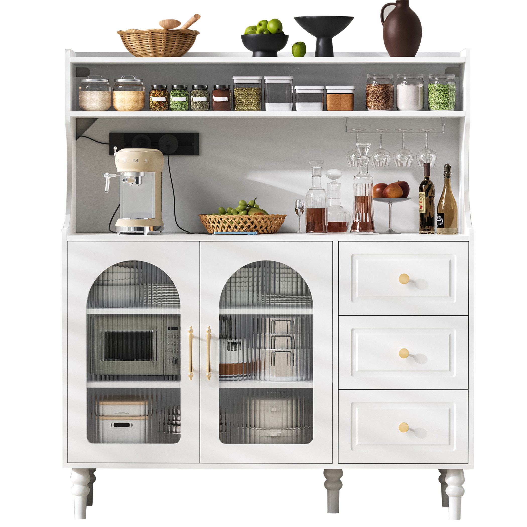 SeedWave Buffet Vielseitiger Küchenschrank mit Glastüren, Ladefunktion, Weinglashalter 3 Schubladen, 3 Geschlossene Fächer; Massivholzfüße