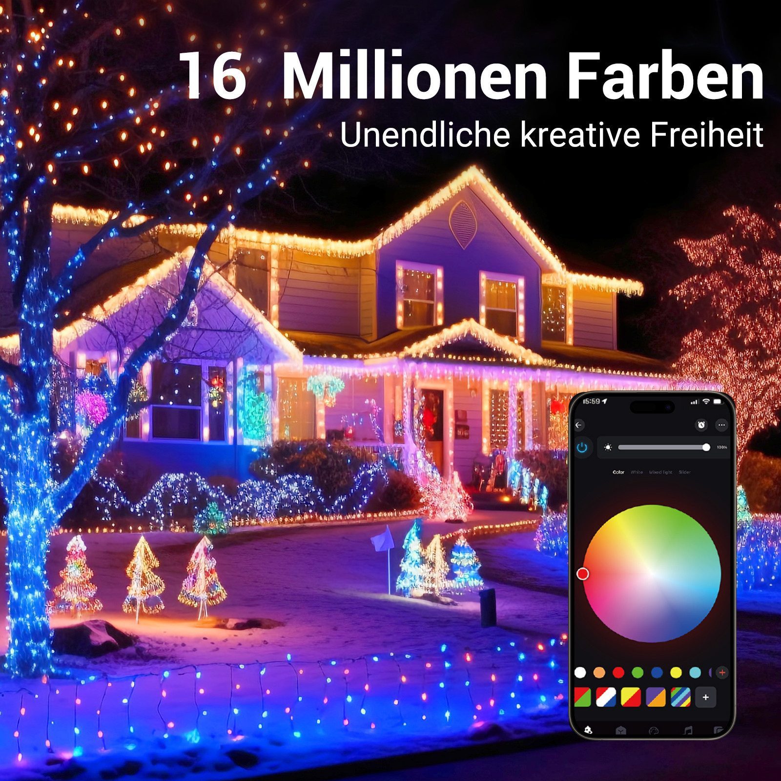 Quntis LED-Lichterkette 10-100M Lichterkette Weihnachtsdeko Innen/Außen mit Stecker, 8 Modi, RGB LED Lichterkette mit Timer Fernbedienung/App-Steuerung, DIY-Far – Bild 3 von 5