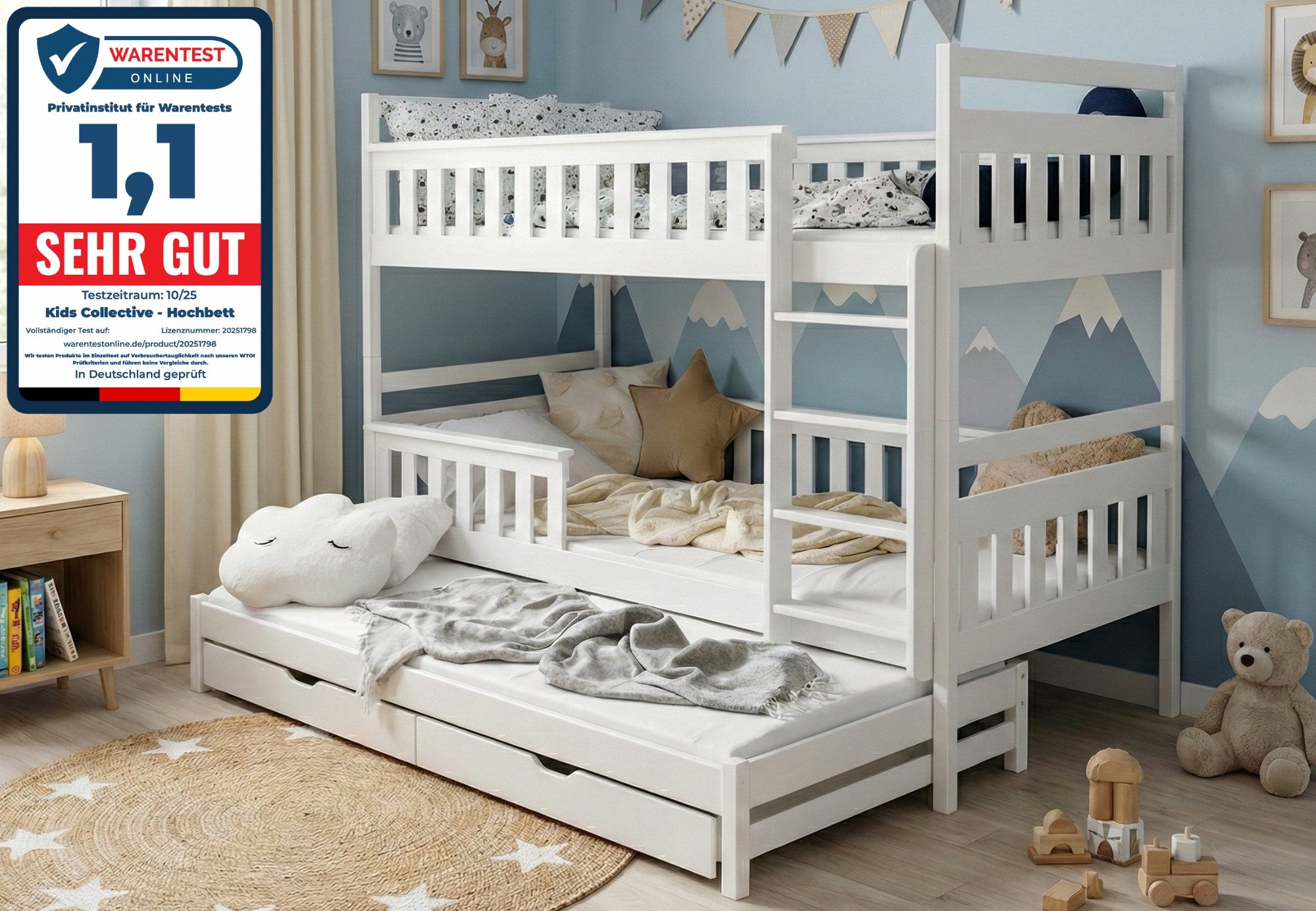 Kids Collective Hochbett 90x200 mit Ausziehbettfunktion Etagenbett Kinderbett zwei Schubladen Kinder 2 Lattenrost Rausfallschutz umbaubar in drei Betten weiß
