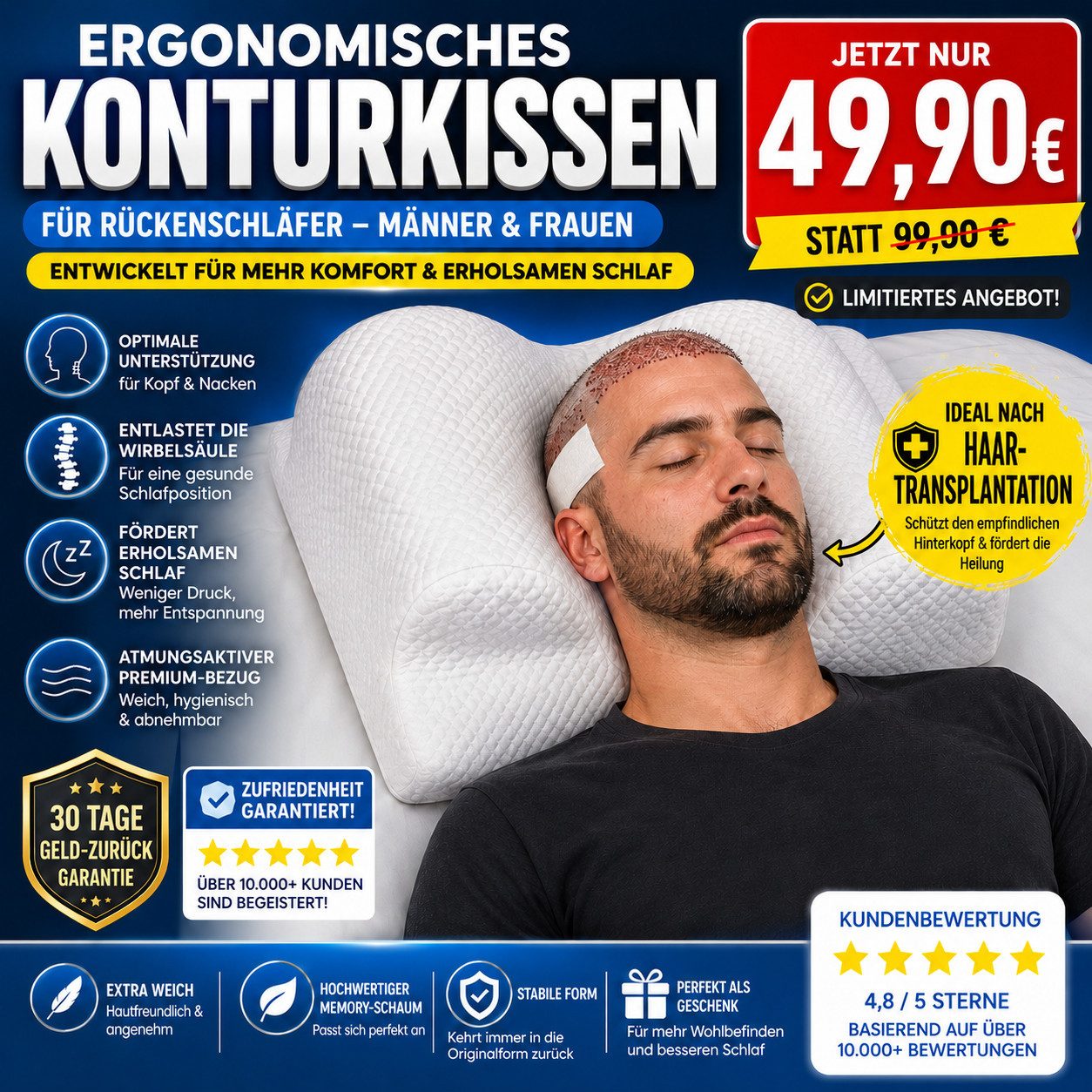 RelaxSleep Kopfkissen Rückenschläferkissen Rückenkissen Kissen Haartransplantation Beauty-OP, ergonomisch, Memory Foam, für Rückenschläfer, Nackenstütze