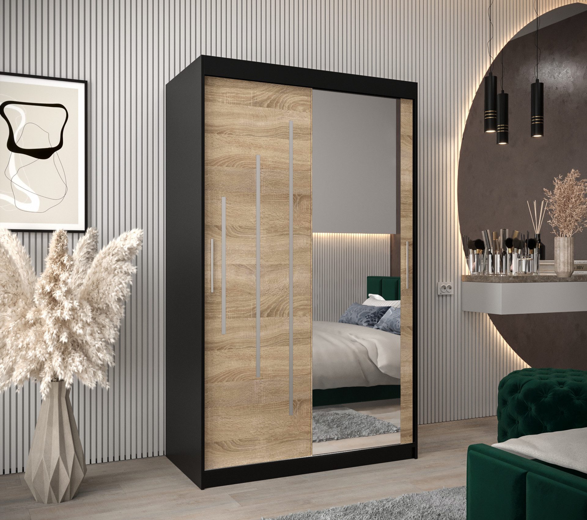 MOEBLO Schiebetürenschrank MALTESE 2 (mit Spiegel, mit/ ohne Schubladen, Schwebetürenschrank Schrank Garderobe Schiebtüren Schlafzimmer Wohnzimmerschrank) (BxHxT):100/120/150/180/200/250x200x62 cm