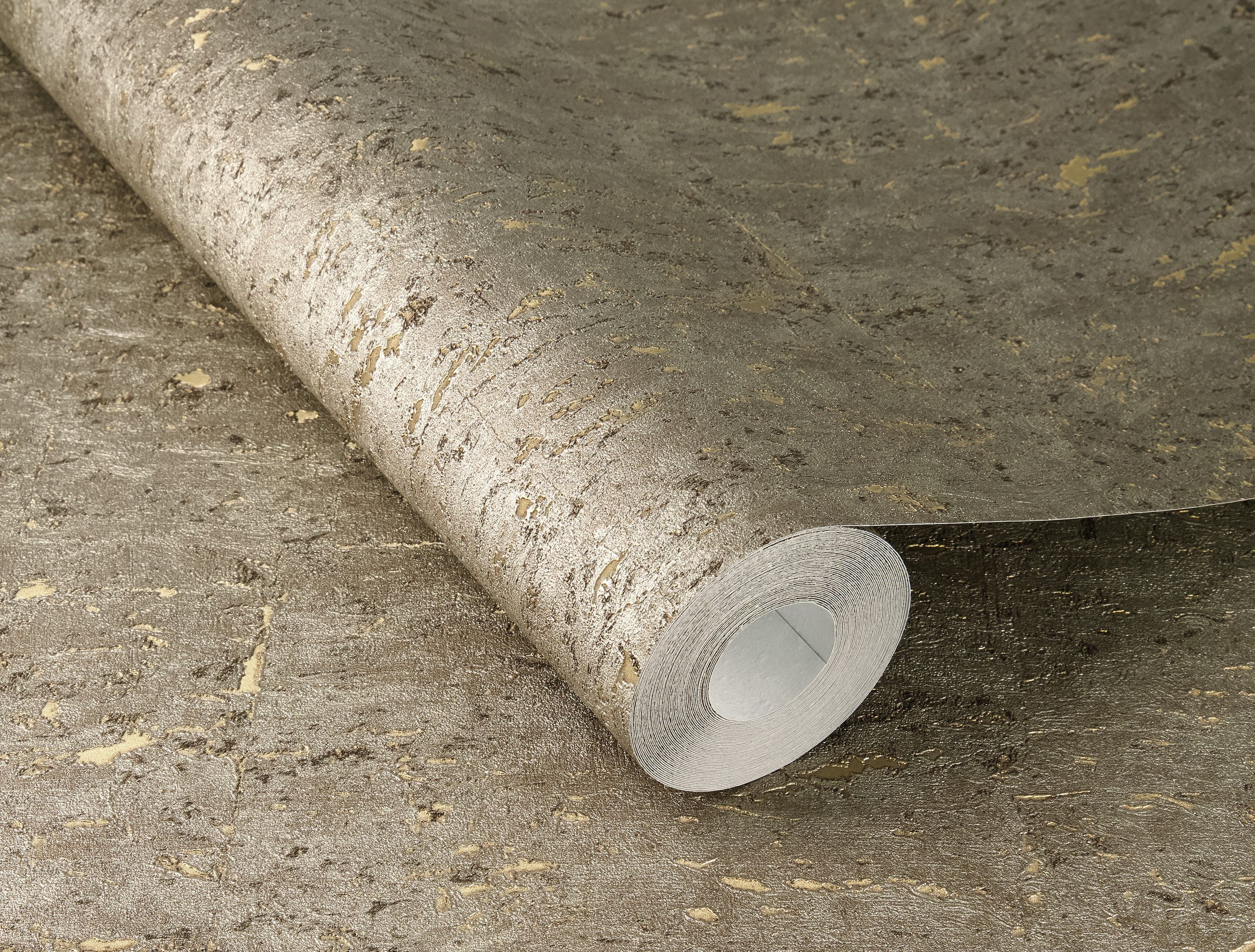 Rasch Vliestapete Korkoptik - Vinyltapete Gold, Industrial-Optik, Korkoptik, Metalloptik, Glanzeffekt, Rostoptik, (1 Rolle, 1 St., 10,05 m x 0,53 m), gute Lichtbeständigkeit, feucht abwischbar, restlos abziehbar
