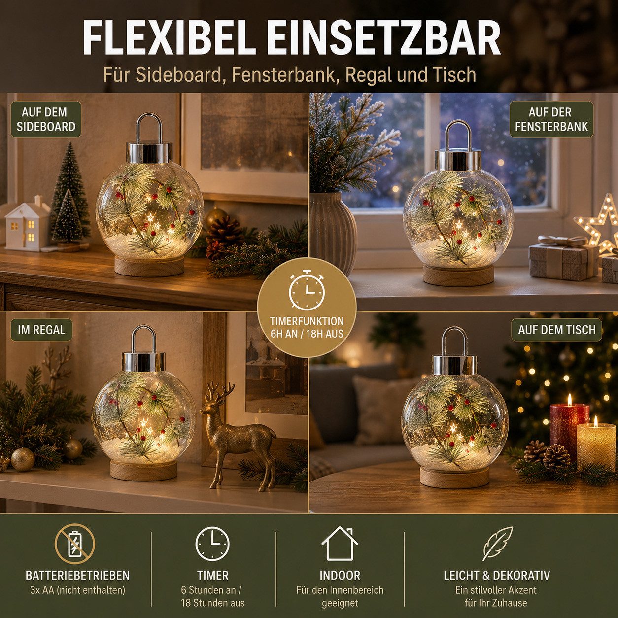 formano LED Dekolicht LED Glaskugel Tannenzweige 18 cm Holzsockel Timer Weihnachtsdeko, LED fest integriert – Bild 5 von 5