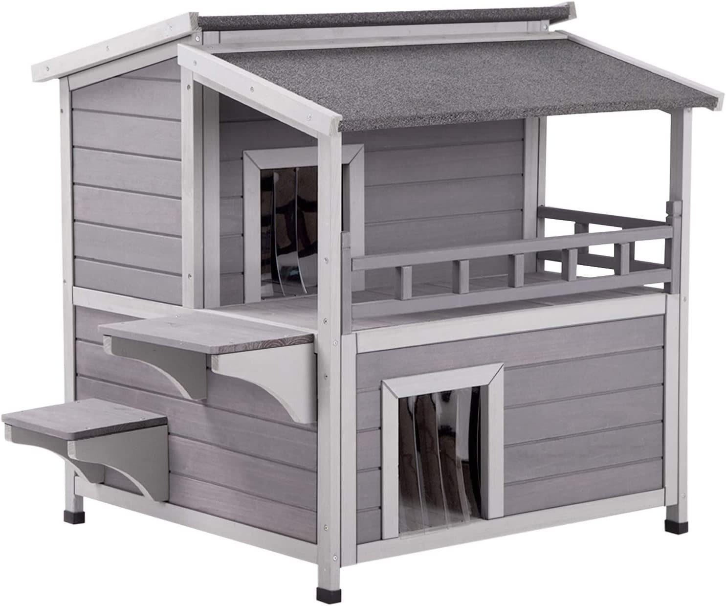 Tierhaus Wetterfestes Holzhaus für Wildkatzen mit großem Balkon und Fluchttür