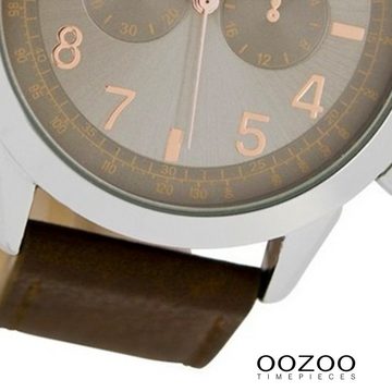 OOZOO Quarzuhr Oozoo Herren Armband-Uhr braun, Herrenuhr rund, groß (ca. 43mm) Lederarmband, Fashion-Style