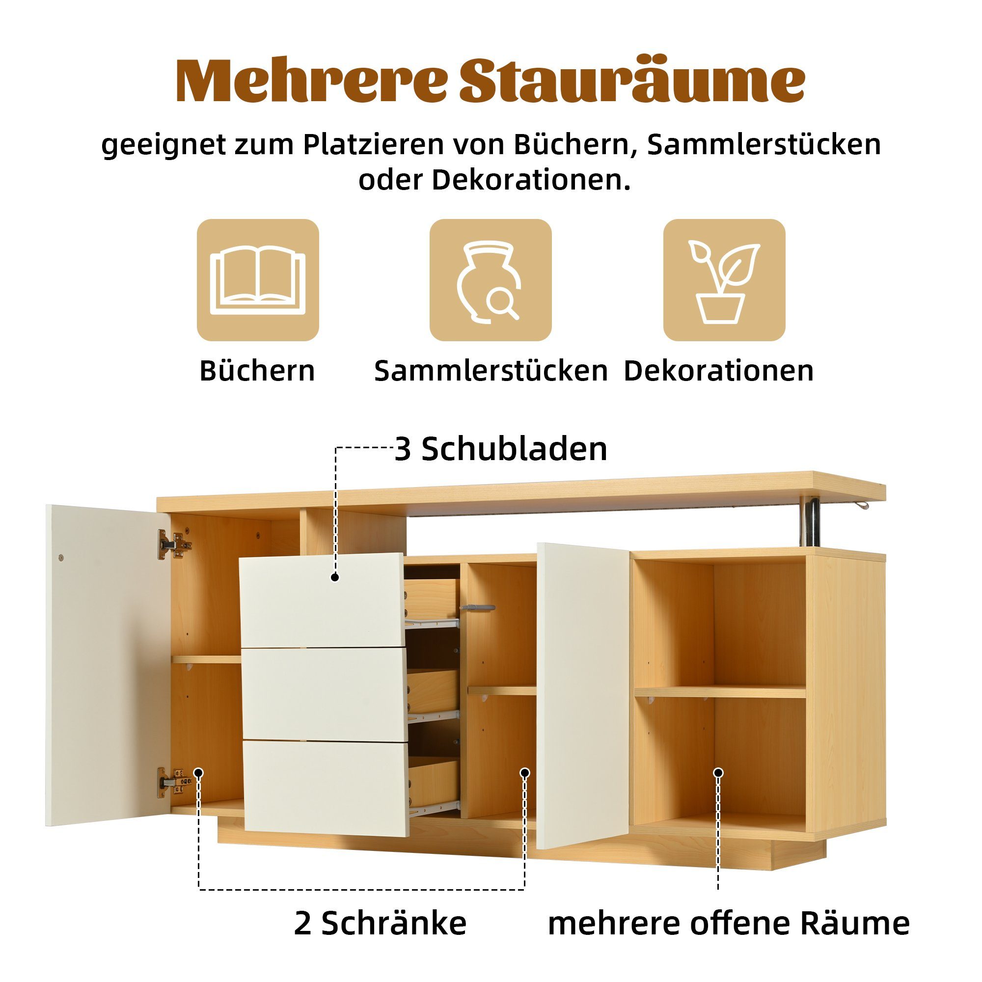 Merax Sideboard mit 3 Schubladen und 2 Türen, Kommode mit verstellbaren Einlegböden und offenen Fächer,Anrichte – Bild 3 von 5