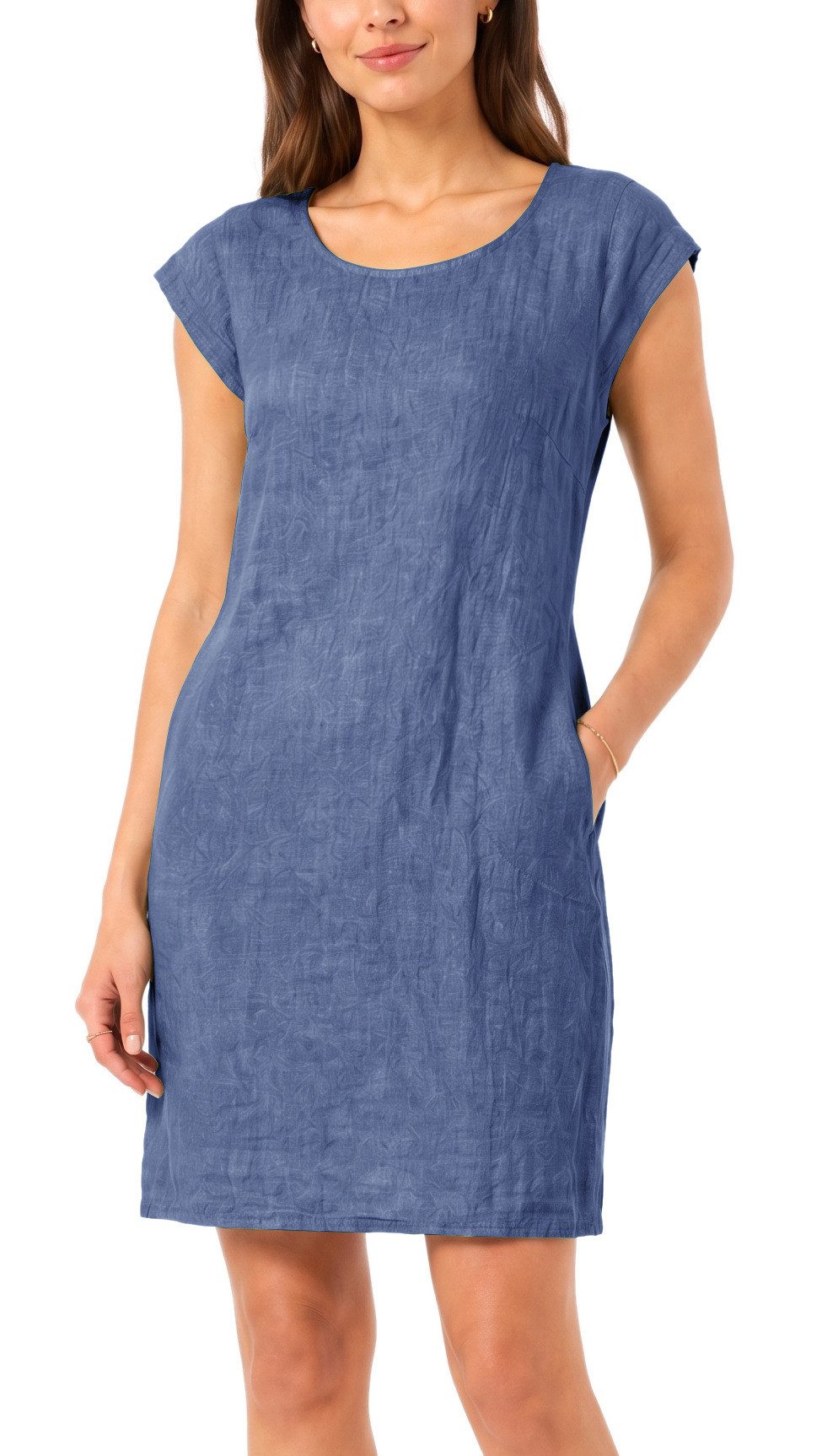 dy_mode Midikleid Einfarbiges Damen Leinenkleid Sommerkleid Kurzarm Midi Kleid in Unifarbe, mit Eingriffstaschen, leicht taillierte Passform