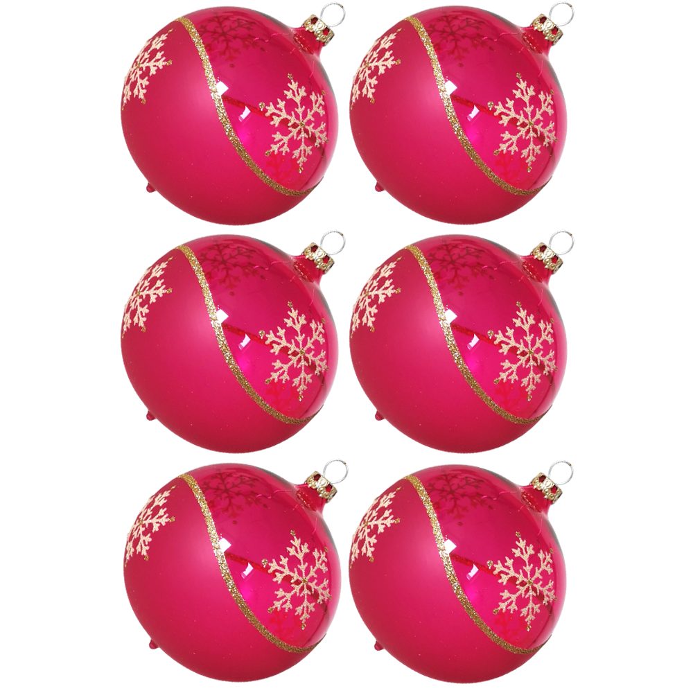 Thüringer Glasdesign Weihnachtsbaumkugel mundgeblasen, Weihnachtskugel-Set handdekoriert (6 pink St), Kristallwelle