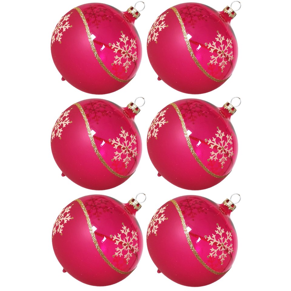Thüringer Glasdesign Weihnachtsbaumkugel Weihnachtskugel-Set Kristallwelle,  pink (6 St), mundgeblasen, handdekoriert