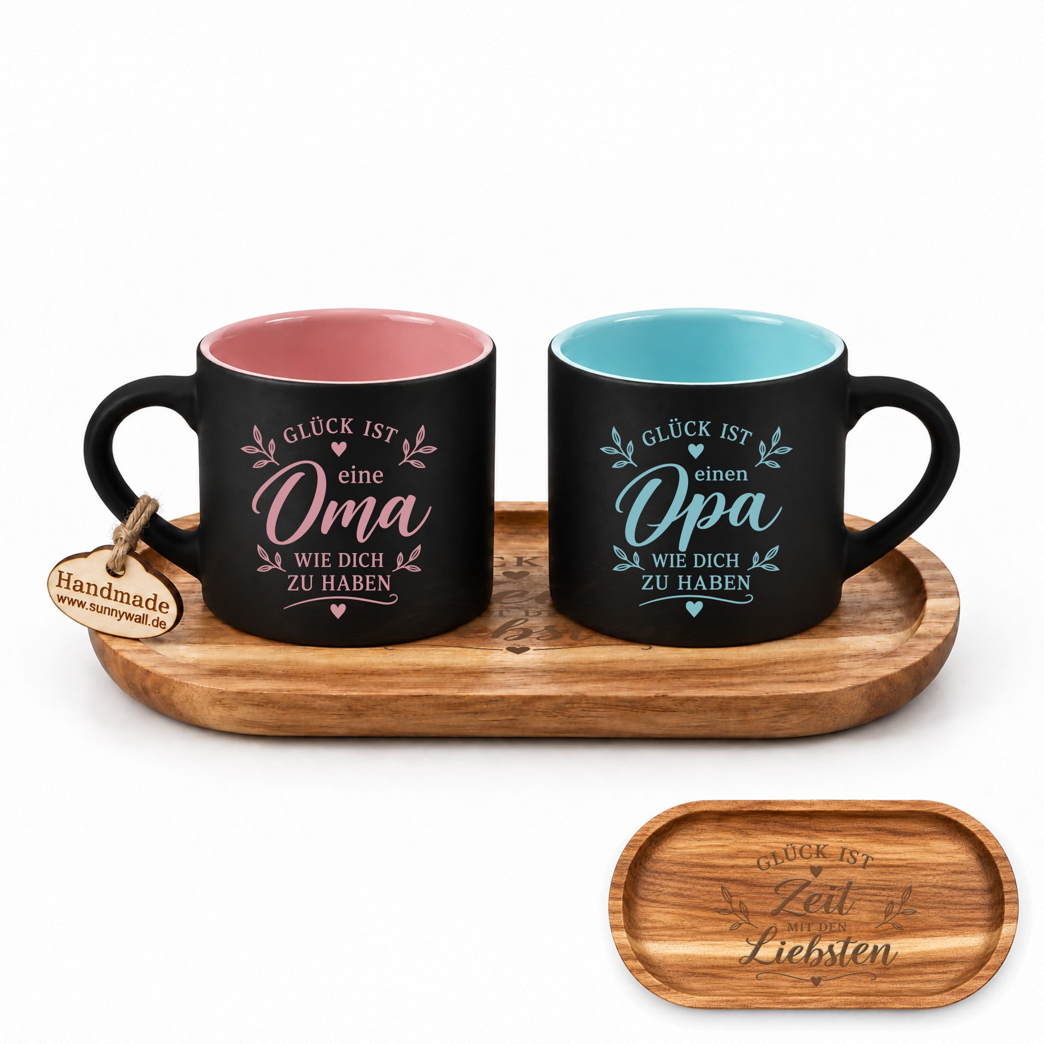 Sunnywall Tasse Oma & Opa Gravur Tassen-Set mit japanischem Akazienholzbrett, 3-tlg., Keramik, edle Gravur, farbiger Innenbereich