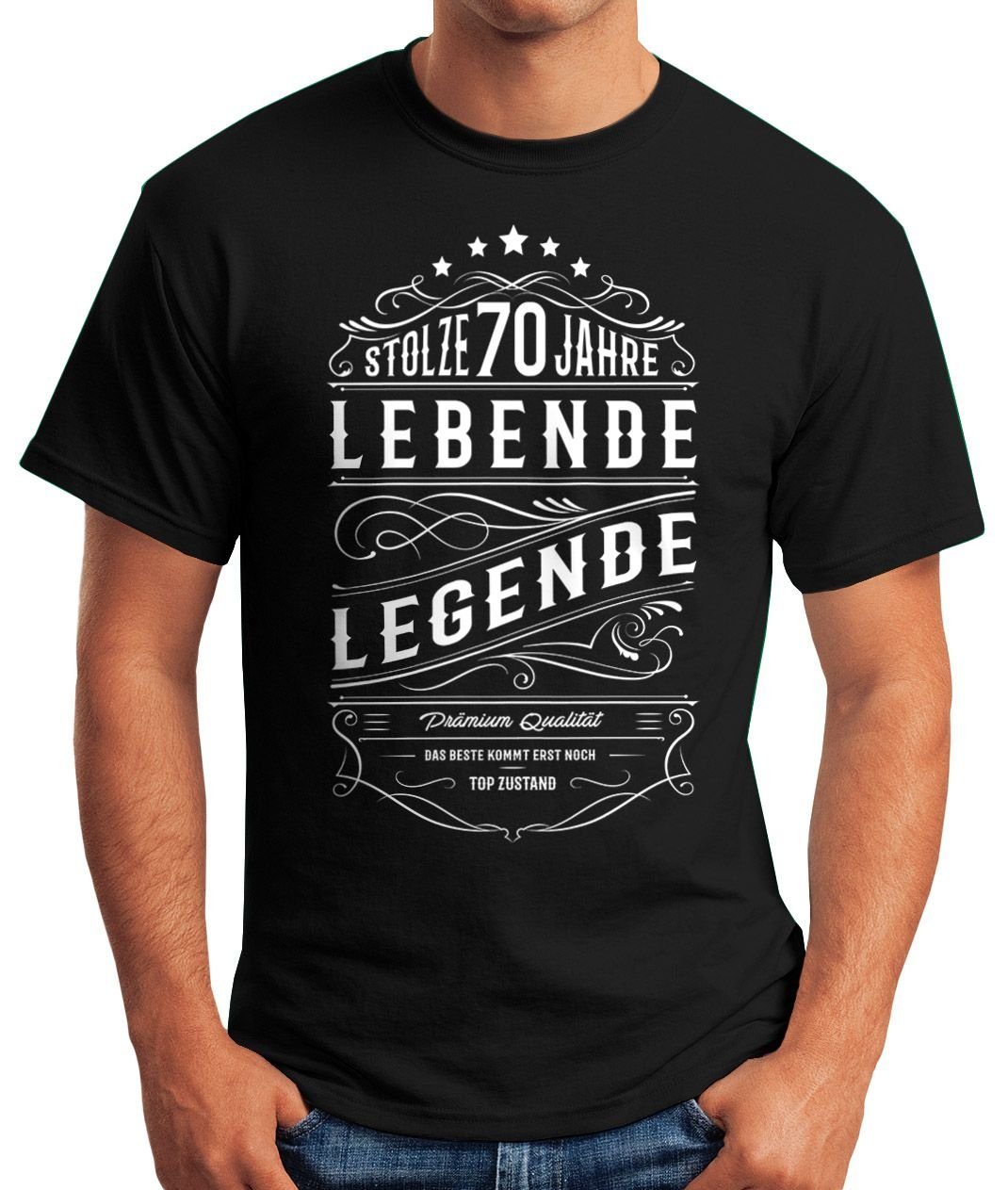 Moonworks® T-Shirt Lebende Geschenk MoonWorks Herren schwarz 30-80 70 Print-Shirt Geburtstag Print mit Jahre stolze Legende