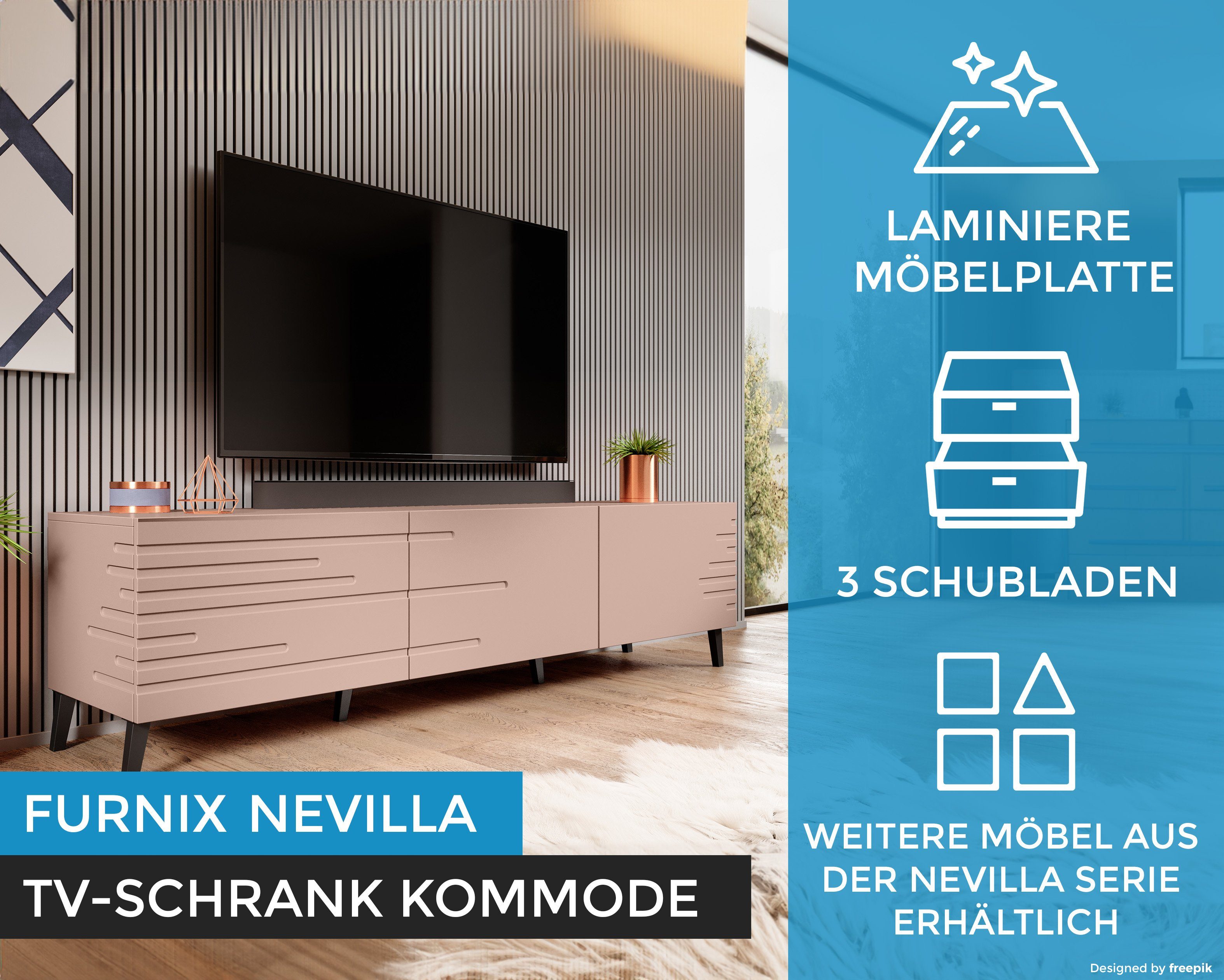 gefrästen Fronten T40 x Rosa Maße: B186 TV-Schrank H48 cm mit dekorativen NEVILLA Fernsehschrank Furnix x