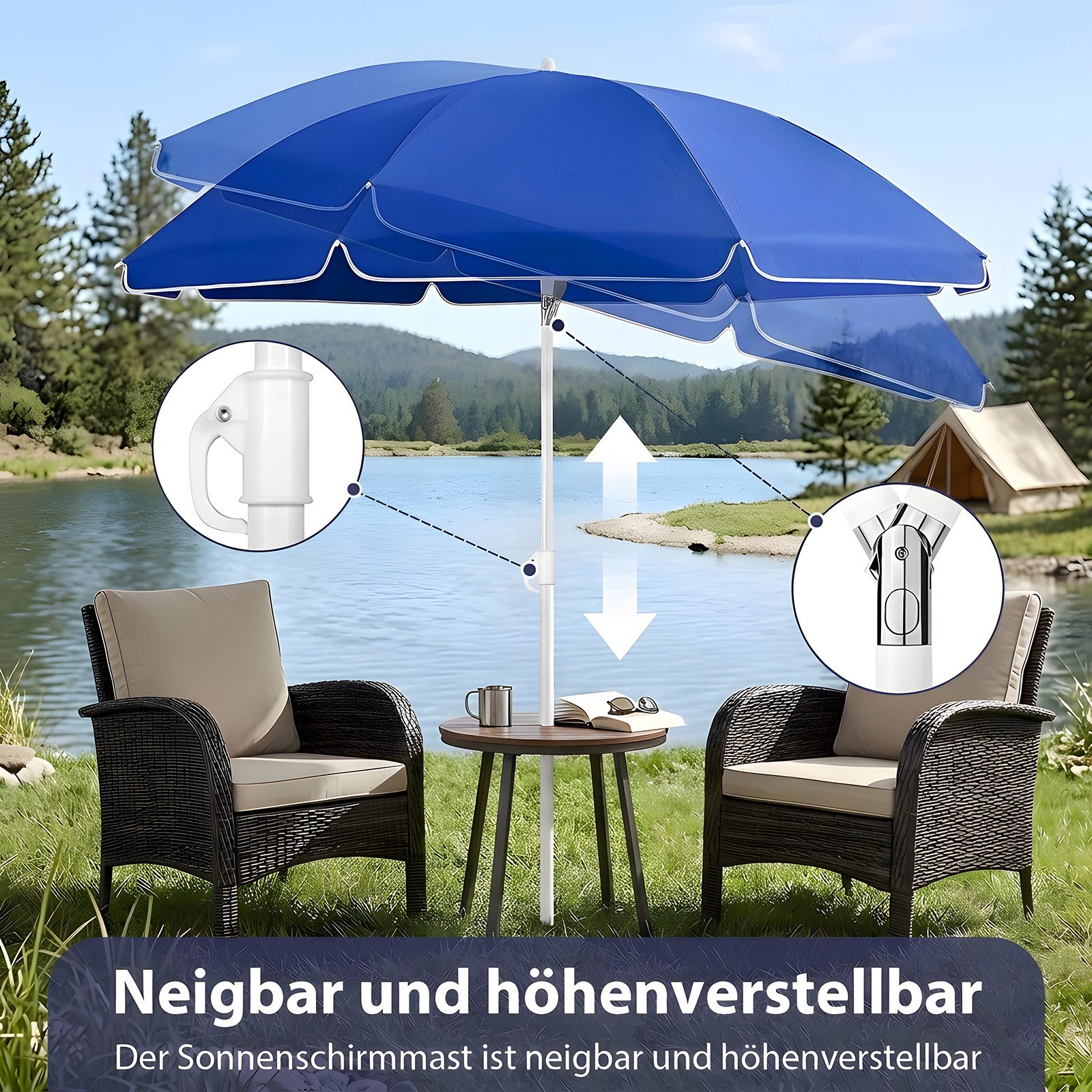 SUNULA Sonnenschirm Ø140/Ø160 cm Balkonschirm Rund Strandschirm mit Schutzhülle, LxB: 140x140 cm, 140 cm mit Knickfunktion, Höhenverstellbar, Leicht zu Transportieren