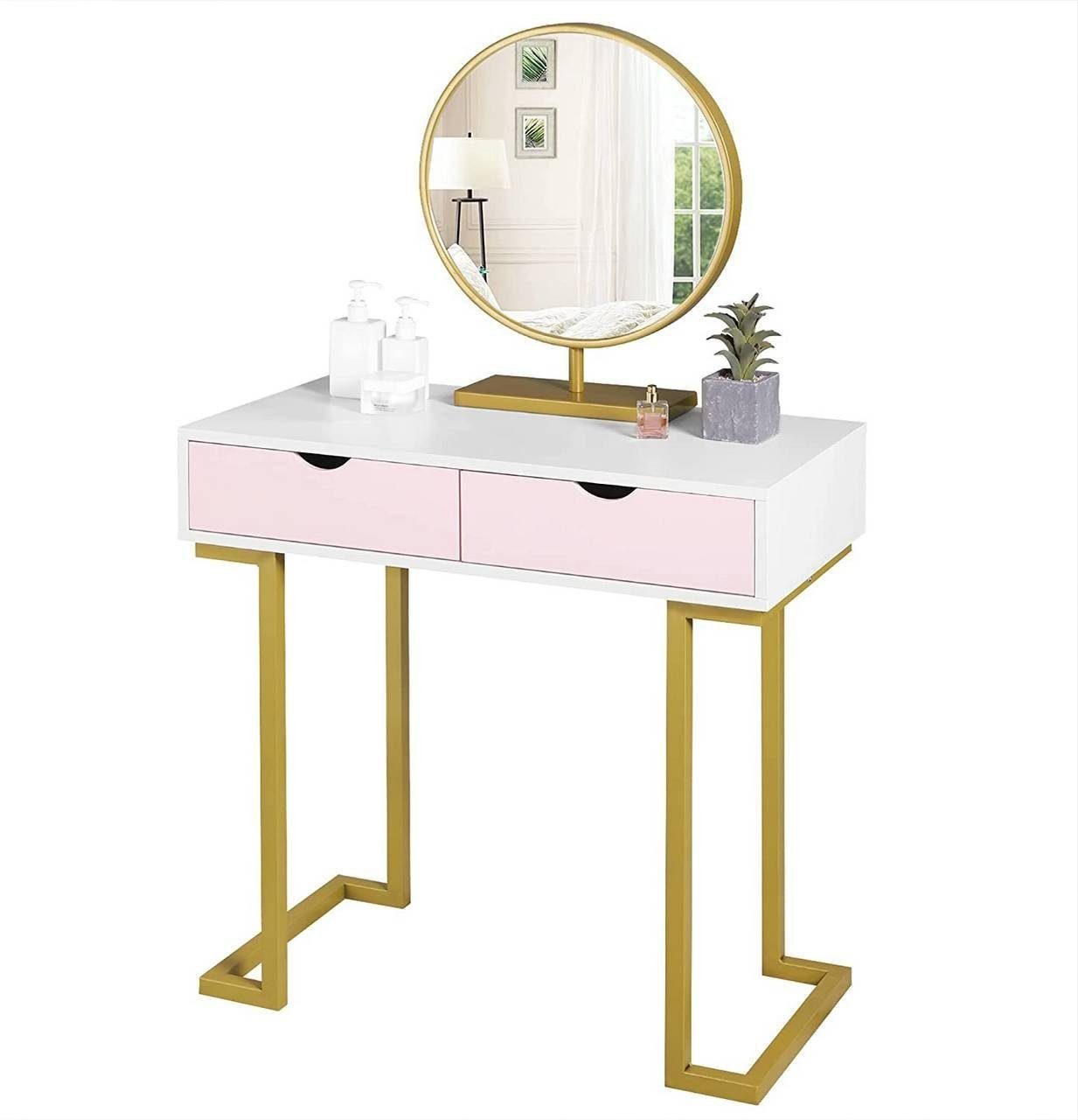 BxHxL EUGAD Schminktisch Frisiertisch Kosmetiktisch mit Spiegel Kommode mit 2 groß Schubladen Modern weiß+rosa+golden 40x132x80 cm 0033SZT