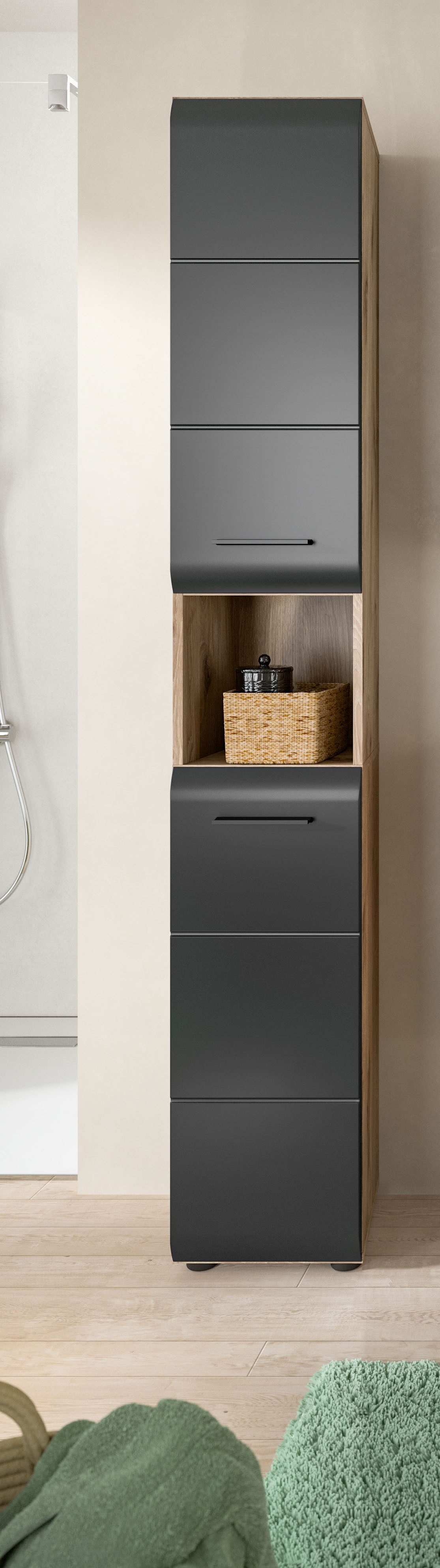 welltime Stauraumschrank FLORENZ, Höhe 185cm, 2 Türen, 7 Fächer, 4 Einlegeböden (1-St., TOPSELLER) Florenz, Badschrank Hoch Nox Oak NB, 185 cm Höhe – Bild 2 von 5