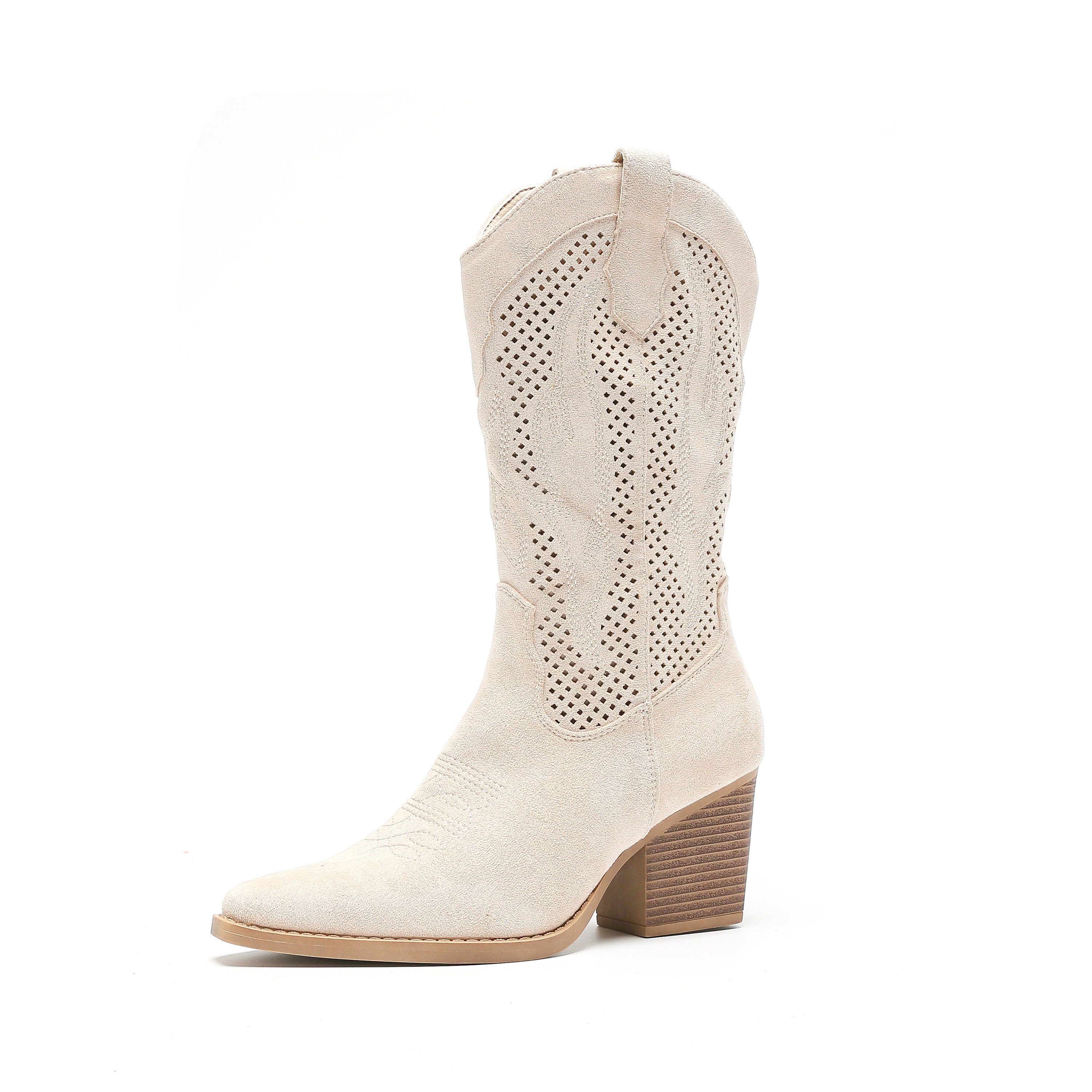 Salinyang Damen Cowboy Boots in Wildlederoptik mit Lochmuster Cowboystiefel