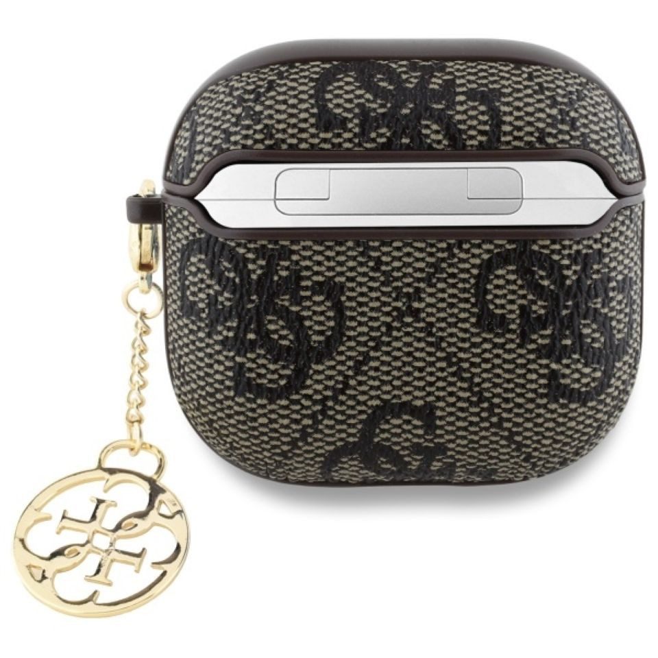Guess Kopfhörer-Schutzhülle Case AirPods 4 Kunstleder braun Logo Metal Kette goldfarbig, Kantenschutz