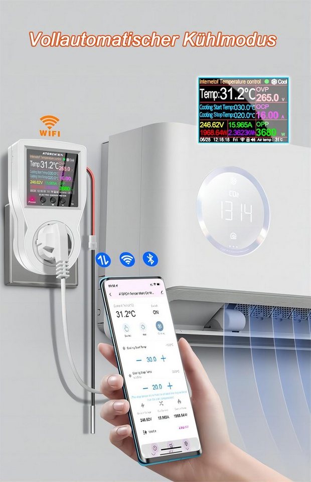 XERSEK Raumthermostat APP-Steuerung Wifi Digital Thermostat  Temperaturregler Steckdose 230V, mit Fühler Heizen Kühlung  Temperaturschalter Timer, (MAX. 3680W), für Terrarium Reptilien Inkubator  Klettertiere