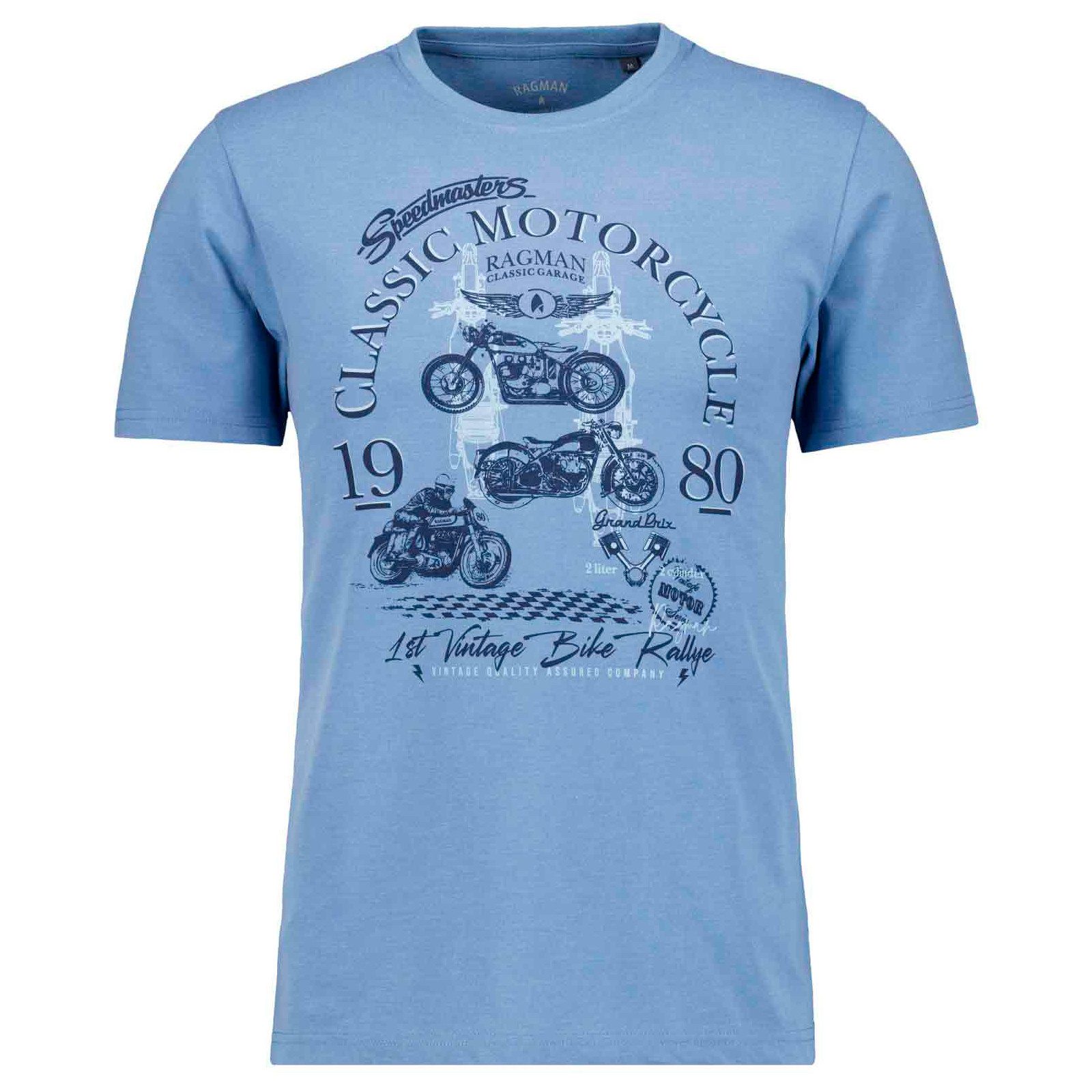 RAGMAN Rundhalsshirt Ragman Übergrößen T-Shirt graublau Motorrad-Print