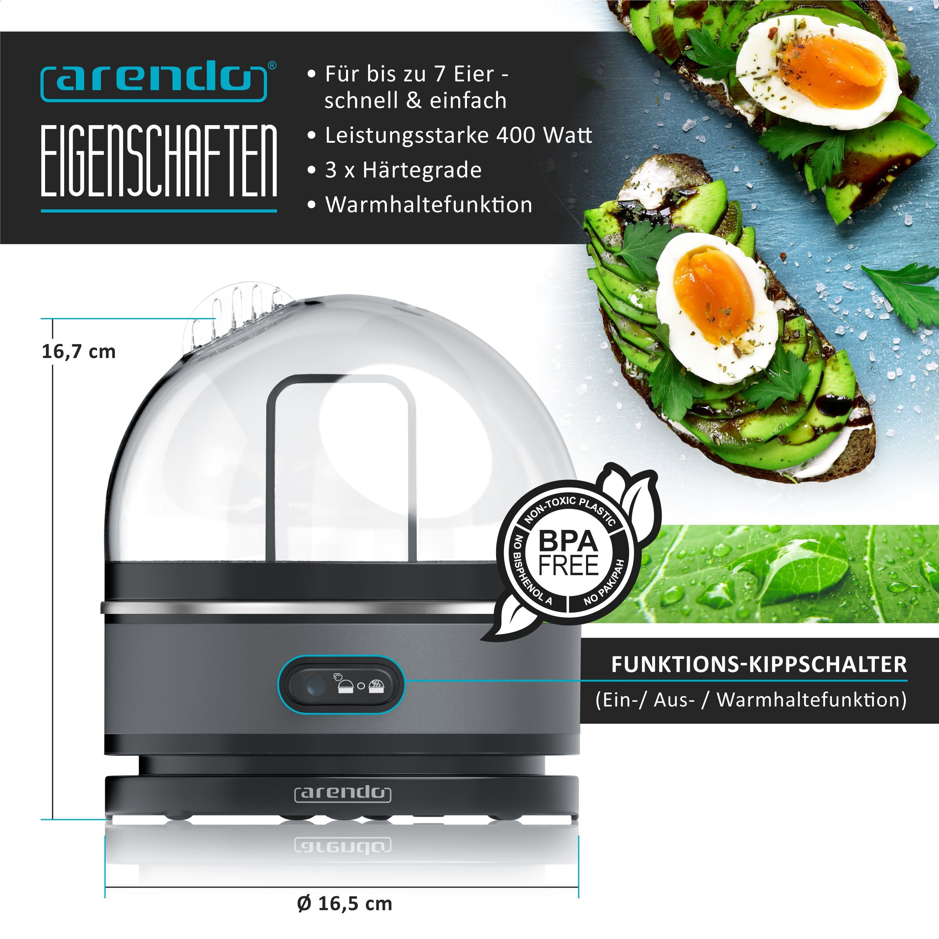 Arendo Eierkocher 7-fach, Edelstahl, mit Warmhaltefunktion, frei wählbarer Härtegrad, Anzahl Eier: 7 St., 400 W, für 1 - 7 Eier, 3 Härtegrade wählbar, Signalton, spülmaschinengeeignet