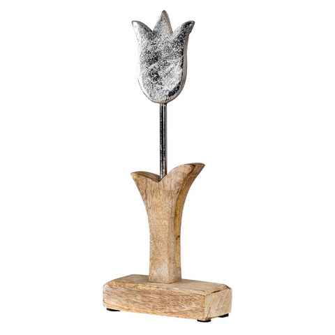 Levandeo® Dekoobjekt, Tulpe Aufsteller H27cm Mango Metall Holz Braun Silber Tischdeko