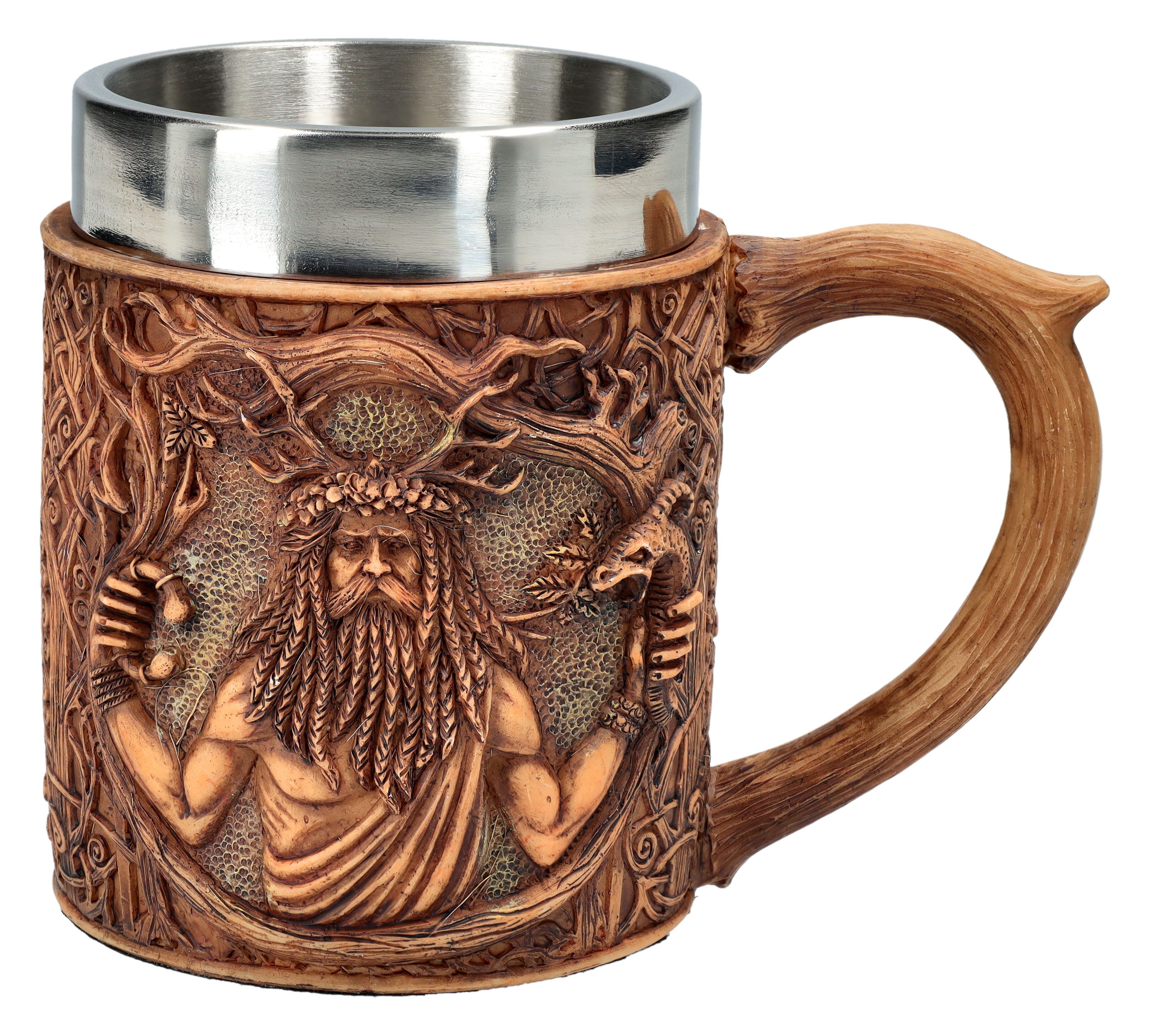 Figuren Shop GmbH Bierkrug Cernunnos Krug – keltischer Götterkrug Geweihgriff Sammlerfigur 500 ml, Kunststein (Polyresin), Edelstahl