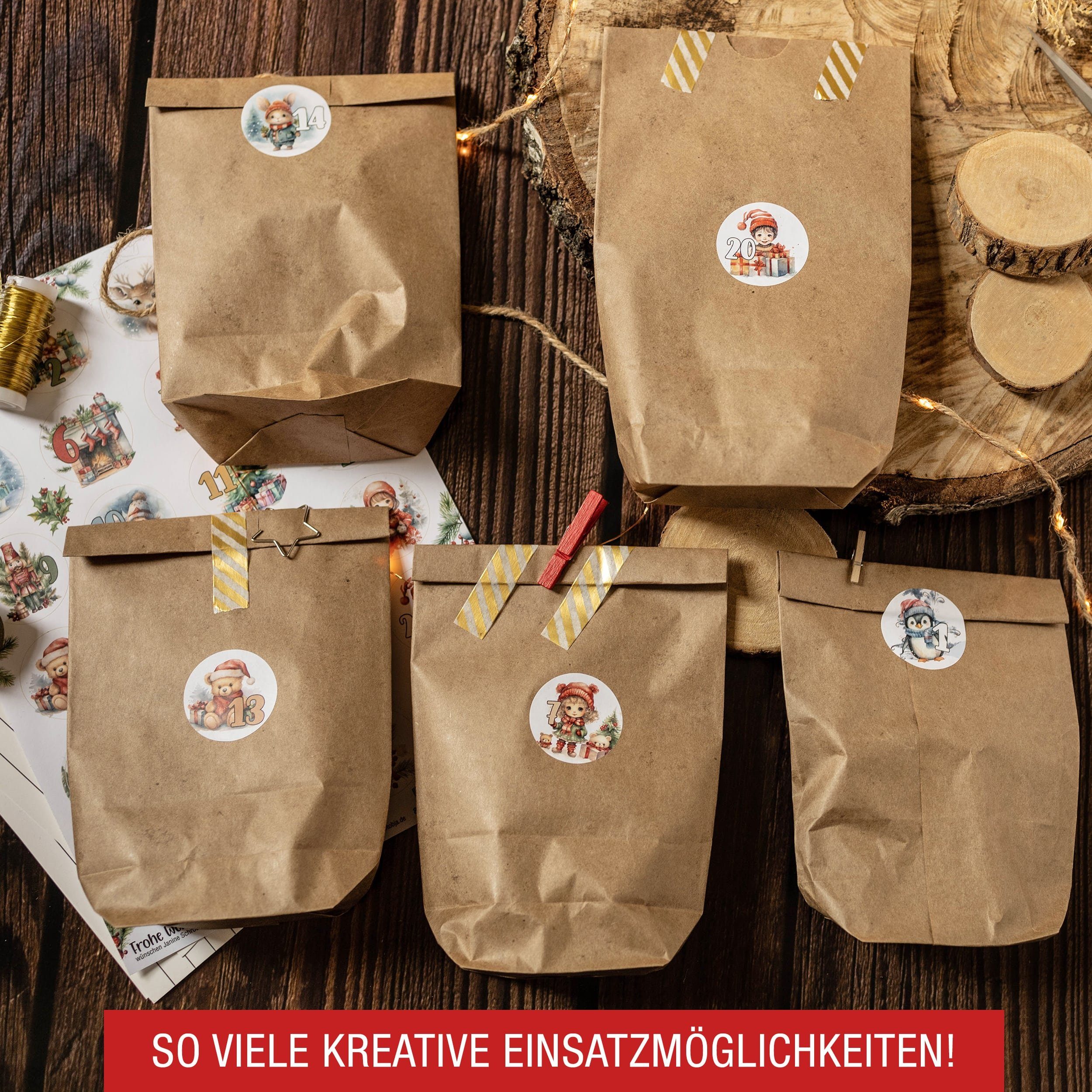 Kartpapier zum befüllen, basteln 24 Weihnachskalender Aufkleber, Adventskalender DIY + Tüten TOBJA Adventskalender