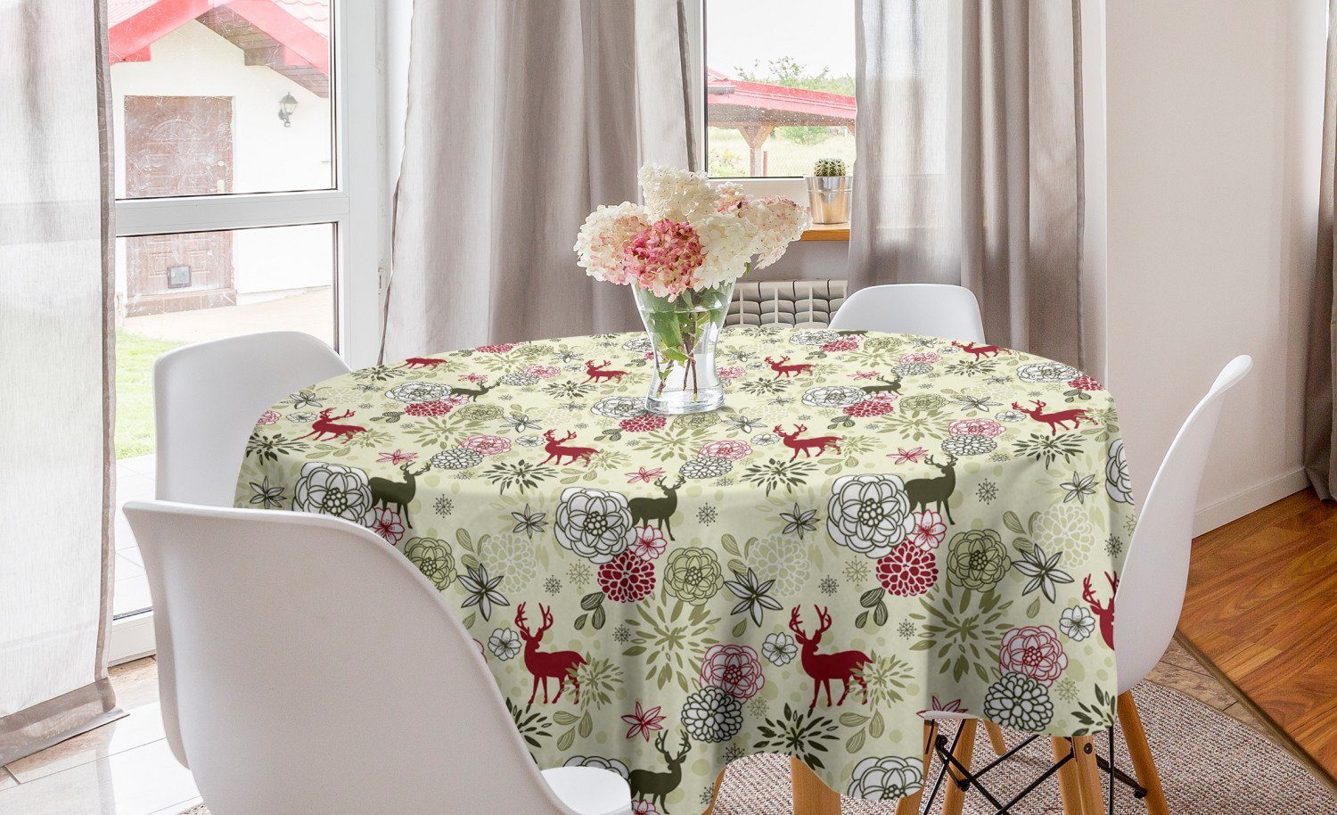 Abakuhaus Tischdecke Kreis Tischdecke Abdeckung für Esszimmer Küche Dekoration, Winter Deer Blumen Weihnachten