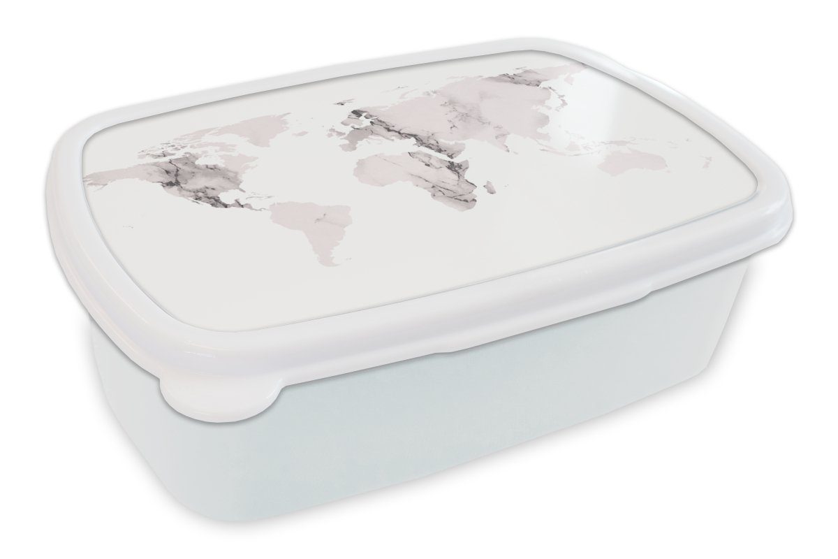 MuchoWow Lunchbox Weltkarte - Marmor - Grau, Kunststoff, (2-tlg), Brotbox für Kinder und Erwachsene, Brotdose, für Jungs und Mädchen weiß