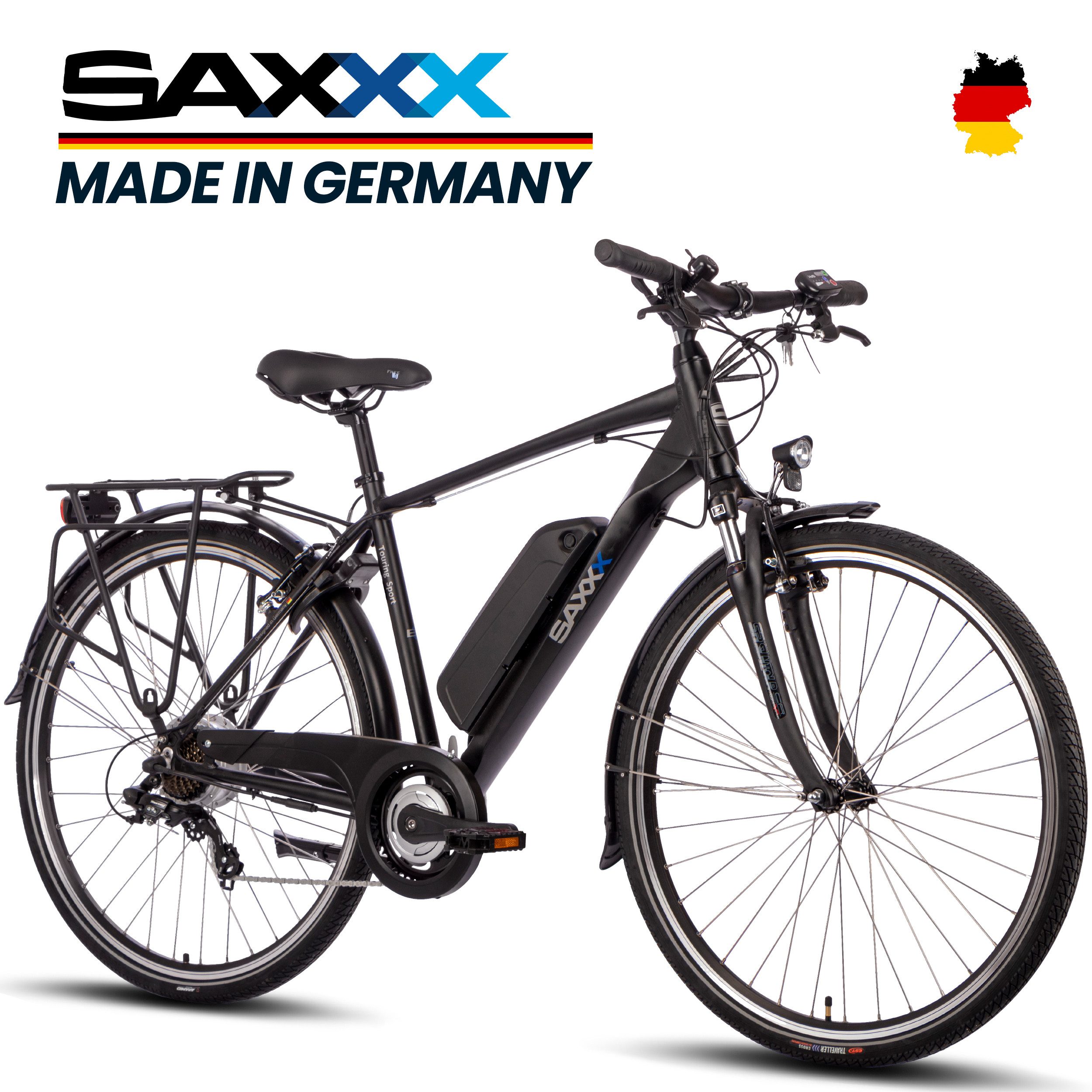 SAXXX E-Bike Trekkingrad 28x1,75'', Touring Sport, 374Wh, 90-100km, V-Brake, bis 130kg, Shimano Shimano Tourney 7 Gang Kettenschaltung Schaltwerk, Hinterradmotor, 374 Wh, 250W Pedelec Trekking E-Bike Herren, Akku entnehmbar, Gepäckträger