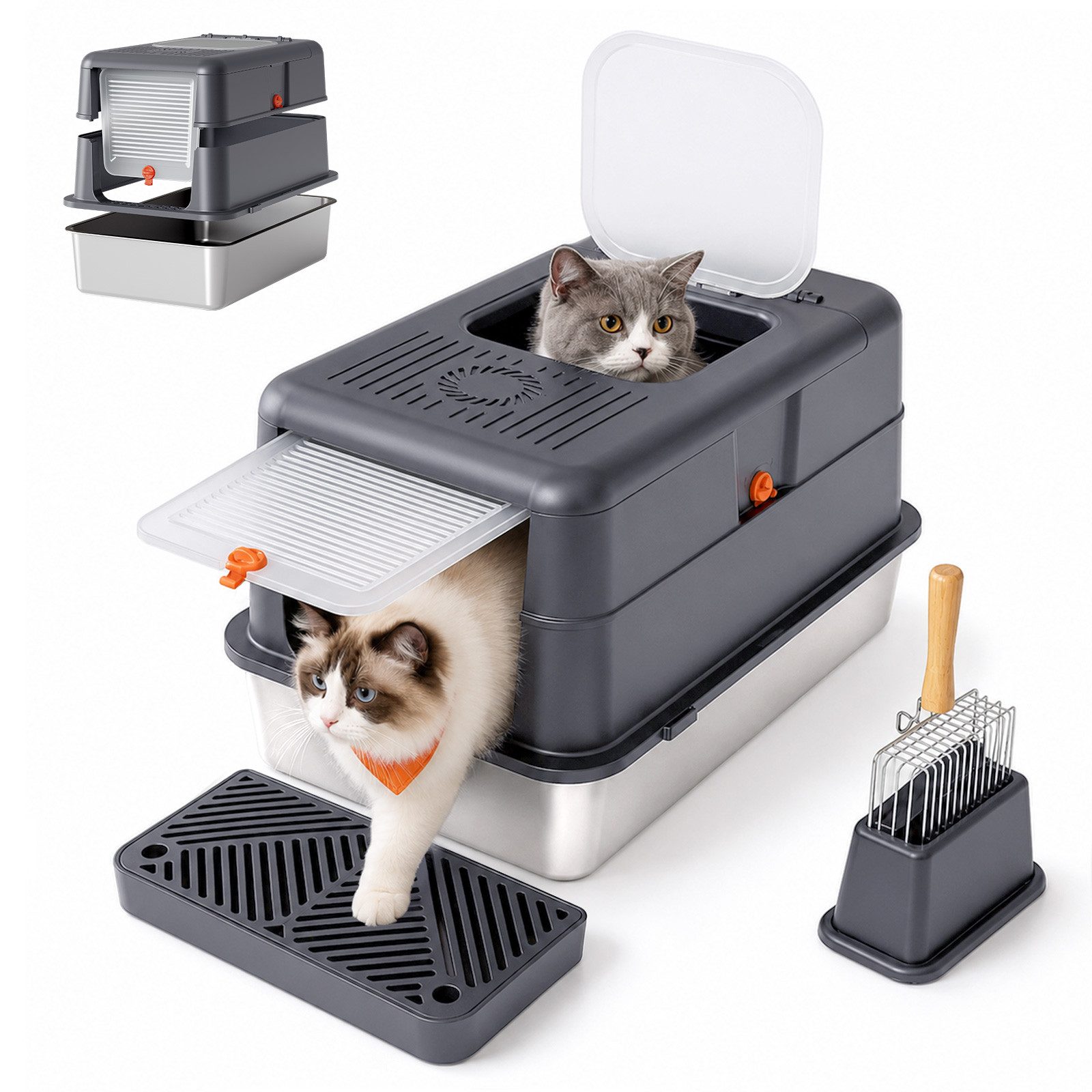 Dogat Katzentoilette Katzenklo Edelstahl Katzentoilette mit Streumatte, Schaufel, Bürste, XXL 58x37x39cm mit Deckel Anti-Geruch & Anti-Leck
