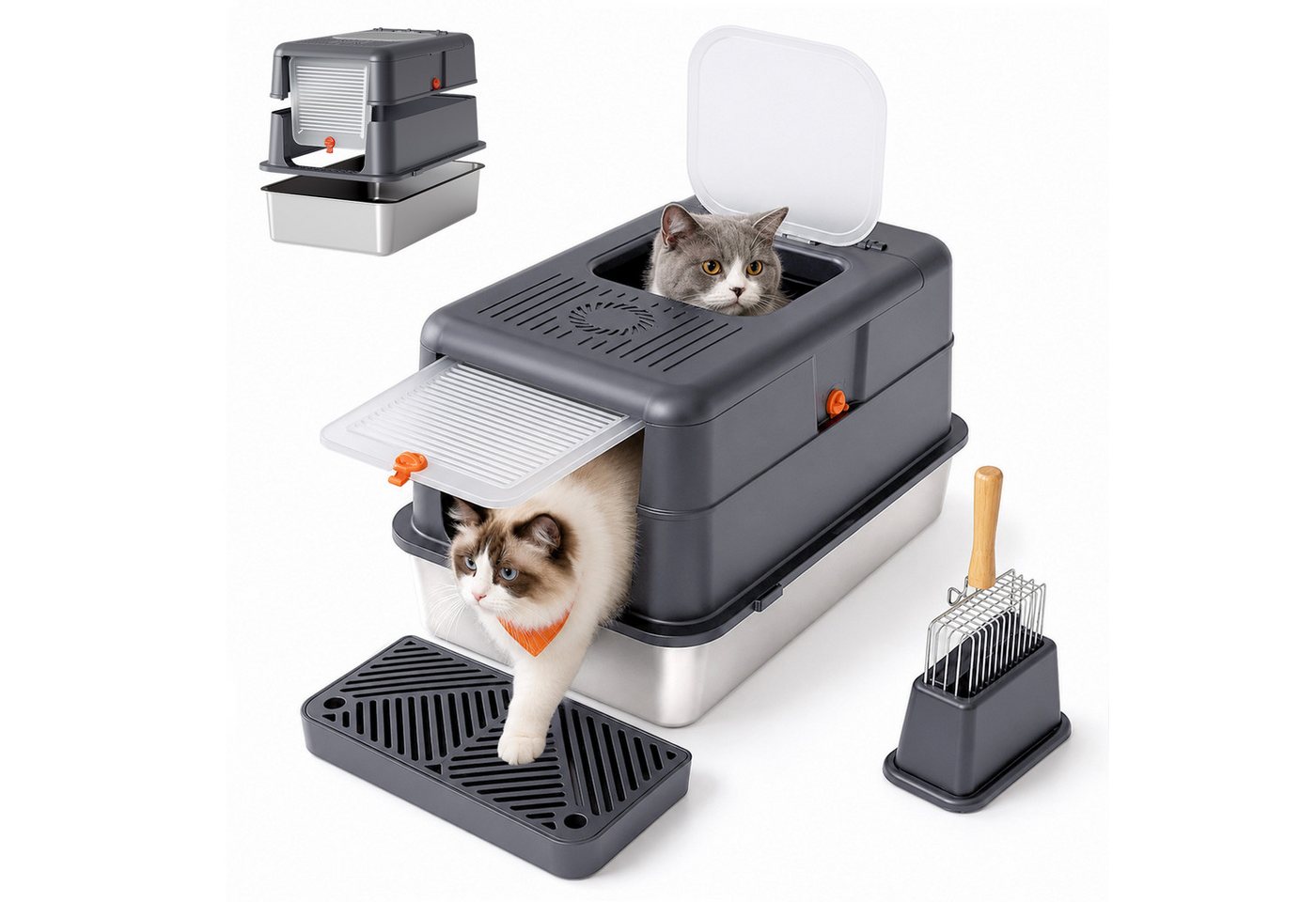 Dogat Katzentoilette Katzenklo Edelstahl Katzentoilette mit Streumatte, Schaufel, Bürste, XXL 58x37x39cm mit Deckel Anti-Geruch & Anti-Leck