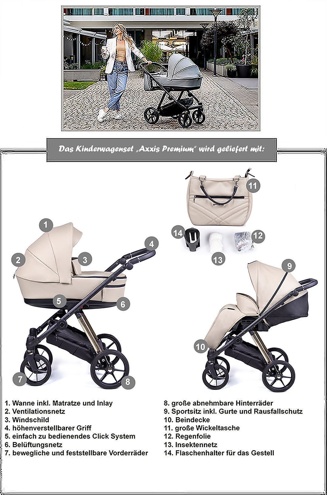 1 babies-on-wheels Teile - Braun schwarz = Kombi-Kinderwagen 2 12 Kinderwagen-Set in - 14 Premium in Designs Axxis Gestell