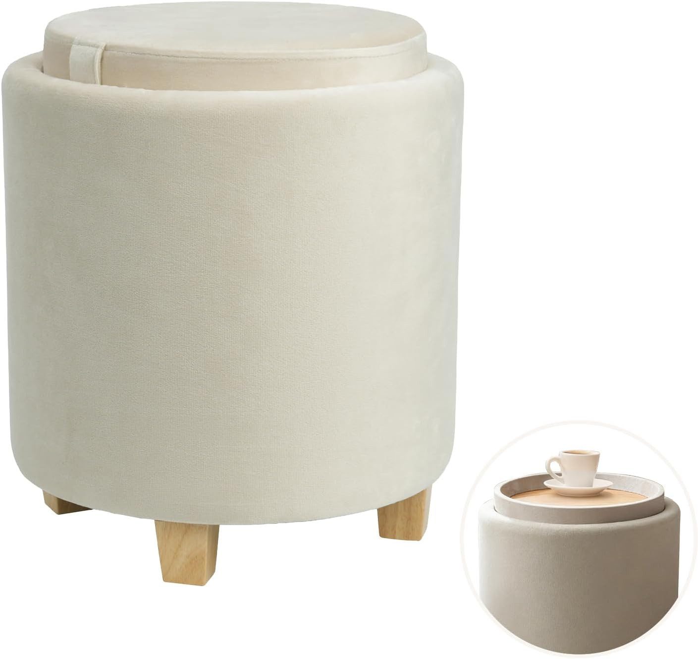 Zedelmaier Sitzhocker mit Stauraum rund Beige, Couchtisch, Sitzhocker mit Deckel, Fußhocker mit Aufbewahrungsbox, Polsterhocker mit Holzbeinen