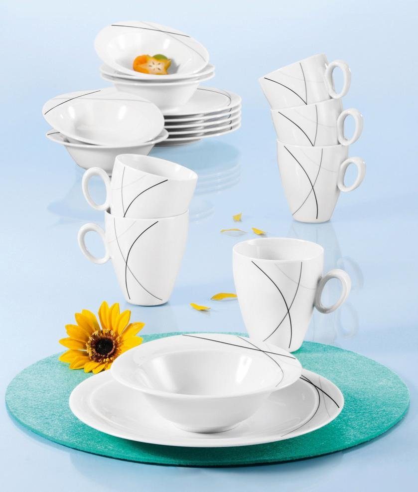 Seltmann Weiden Frühstücks-Geschirrset Service, Trio Highline (Teller, Schale, Kaffeebecher) (18-tlg), 6 Personen, Porzellan, Teller, Becher, Schalen, Made in Germany, 18 Teile, für 6 Personen